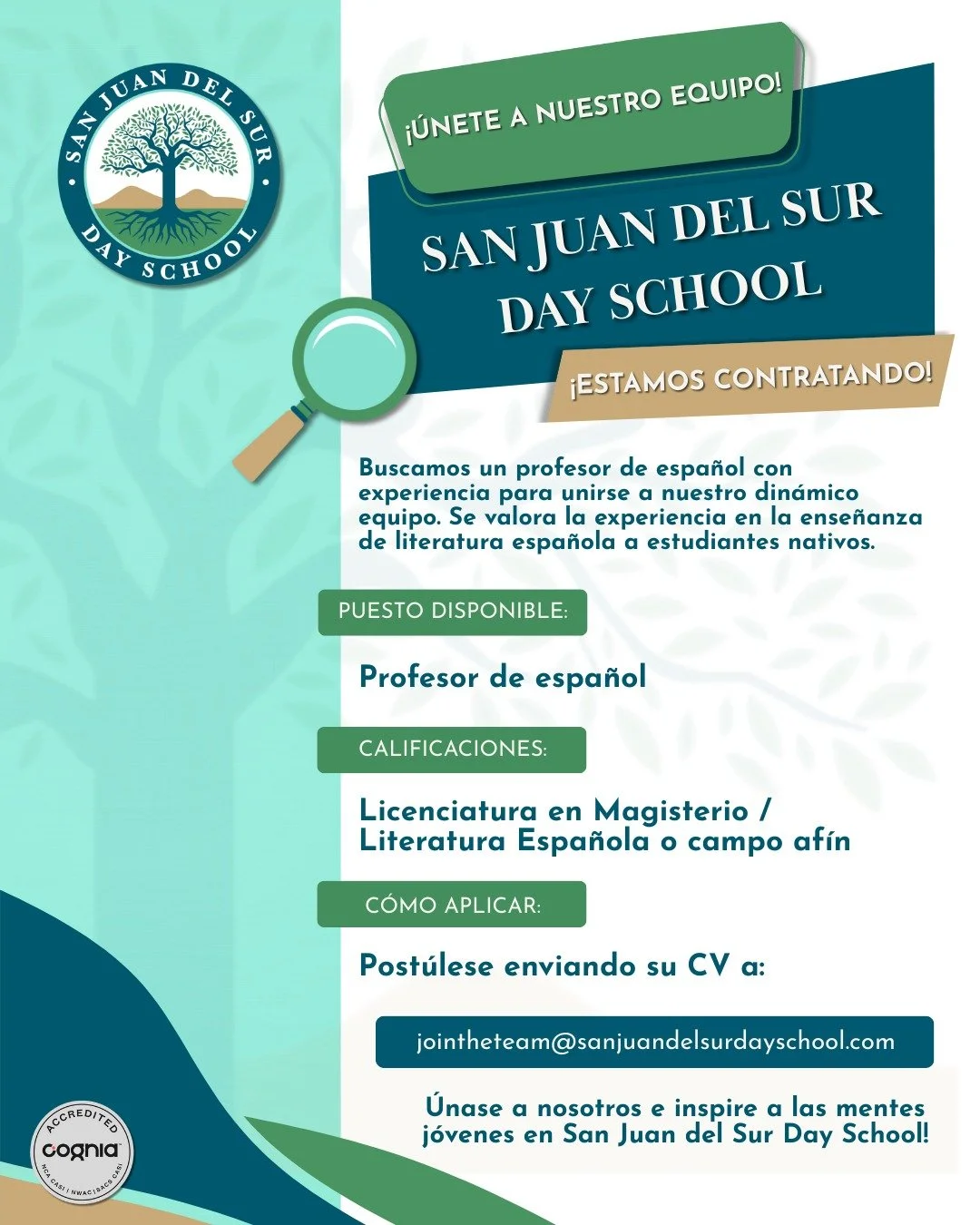 &iexcl;Estamos contratando!
Nuestra comunidad busca un/a docente de Espa&ntilde;ol para integrarse a partir de enero de 2026.
