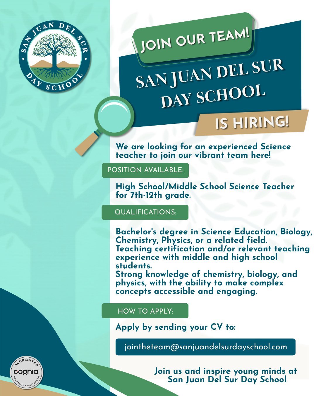 We&rsquo;re Hiring!
Our community is looking for a Science teacher to join us starting in August 2026.