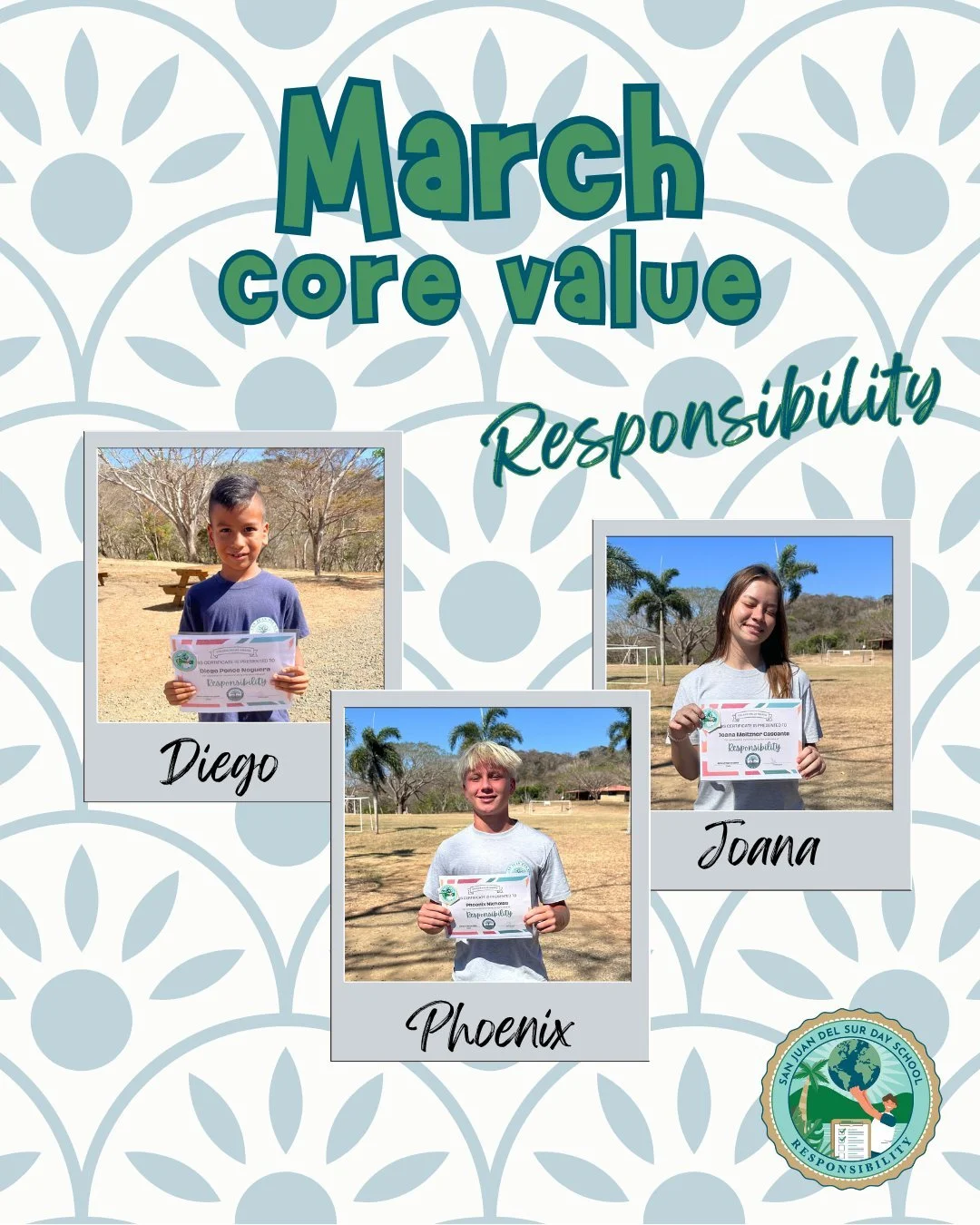 Celebrating Our Core Value of the Month: Responsibility

This month, we recognize the students who exemplified responsibility by being reliable, staying organized, and taking ownership of their actions. Through organization, initiative, independence,