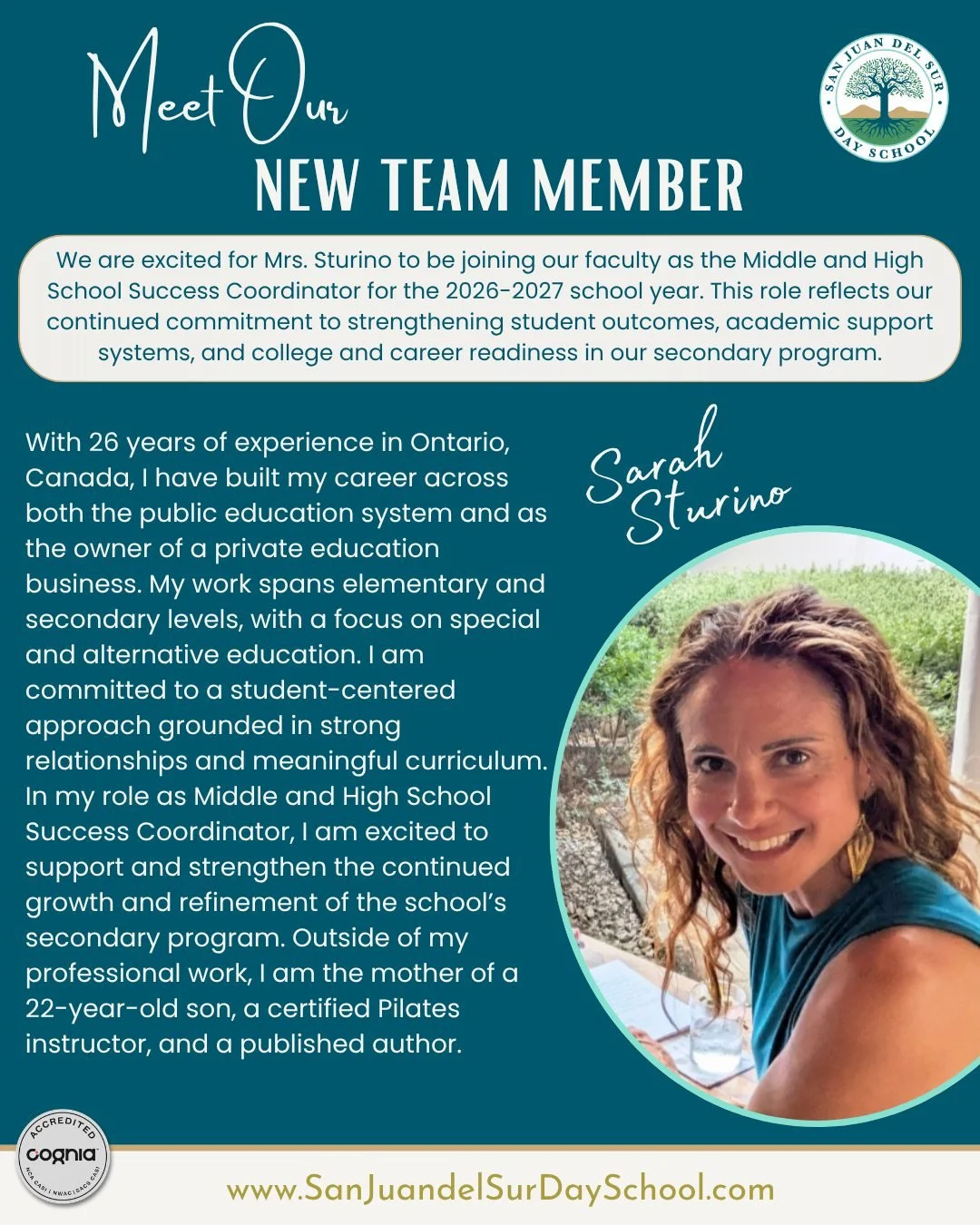 Meet our newest team member! We&rsquo;re excited to welcome Mrs. Sturino as our Middle &amp; High School Success Coordinator for 2026&ndash;2027, bringing experience, passion and a student-centered approach to our secondary program.