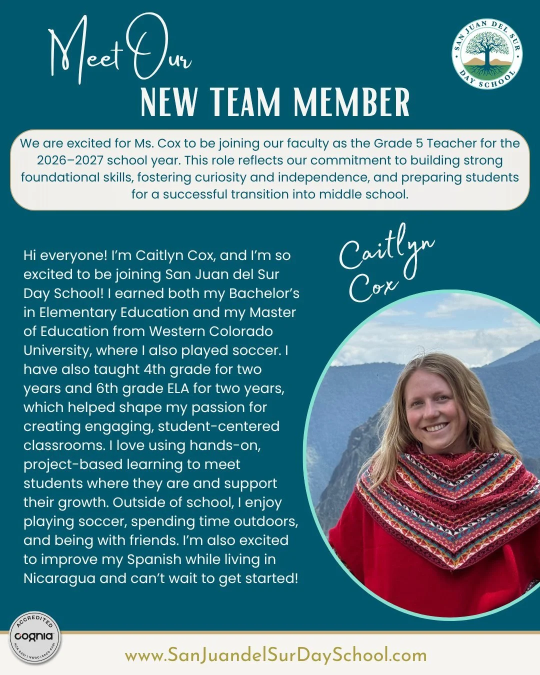 Meet our newest team member! We&rsquo;re excited to welcome Ms. Cox as our Grade 5 Teacher for 2026&ndash;2027, bringing energy, experience, and a passion for student-centered learning to our elementary program.