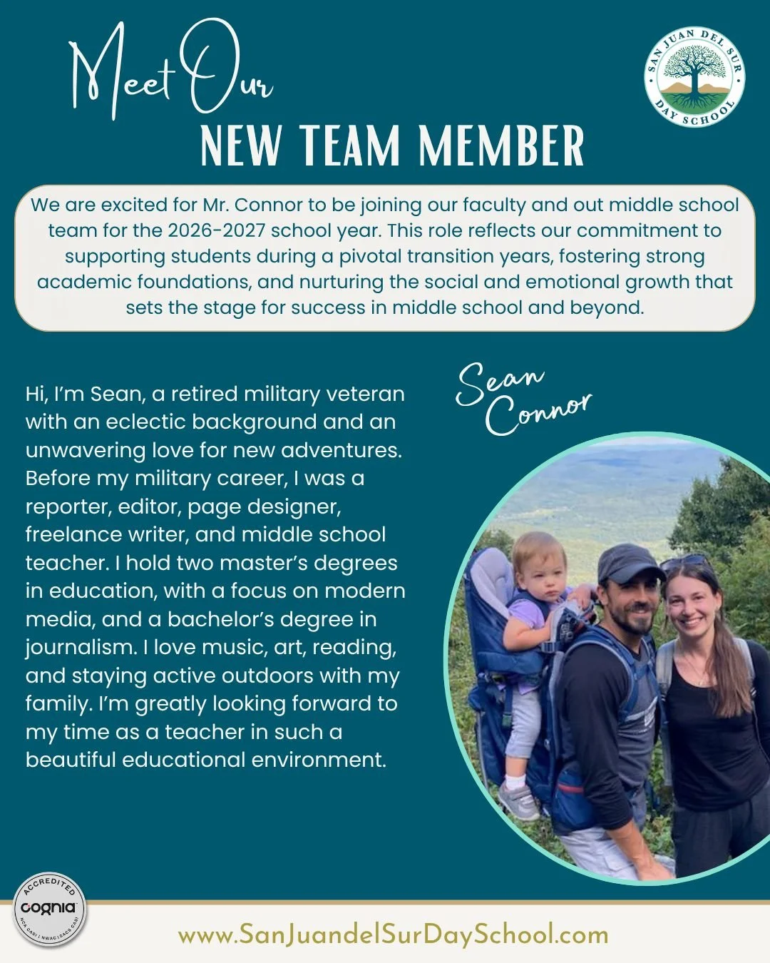 Meet our newest team member! We&rsquo;re excited to welcome Mr. Sean Connor to our Middle School team for the 2026&ndash;2027 school year, bringing a diverse background in education, journalism, and leadership, along with a passion for student growth