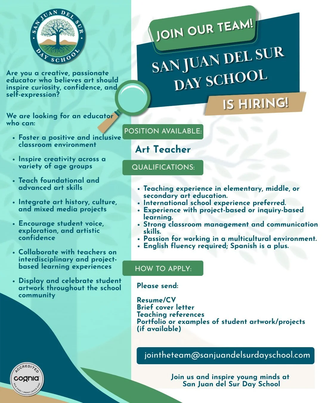 We're hiring! 
Our community is looking for an Art Teacher to join us starting August 2026.