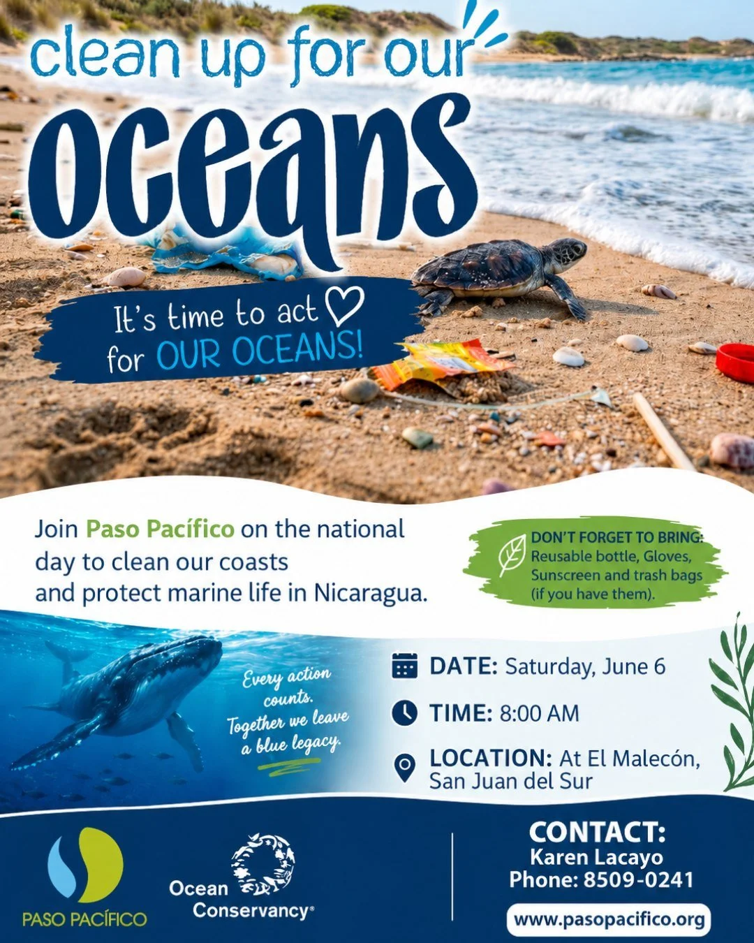 Small actions. Big impact.

Join us for a community beach cleanup and help protect the oceans we all share. Every piece of trash removed makes a difference for marine life and our coastline.

📍 El Malec&oacute;n, San Juan del Sur
🗓️ June 6
⏰ 8:00 A