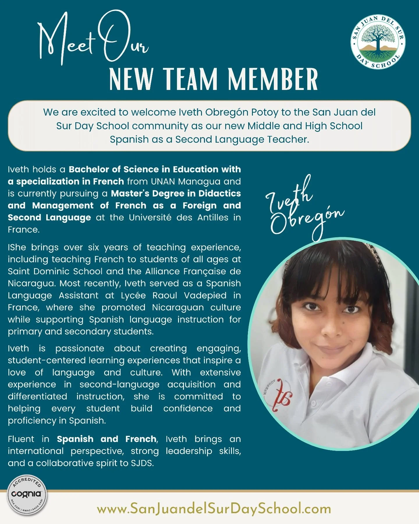 Meet Iveth Obreg&oacute;n Potoy, our new Middle and High School Spanish as a Second Language Teacher! 🌎 We&rsquo;re excited to have her language teaching experience and international perspective joining our school community.

Please join us in givin