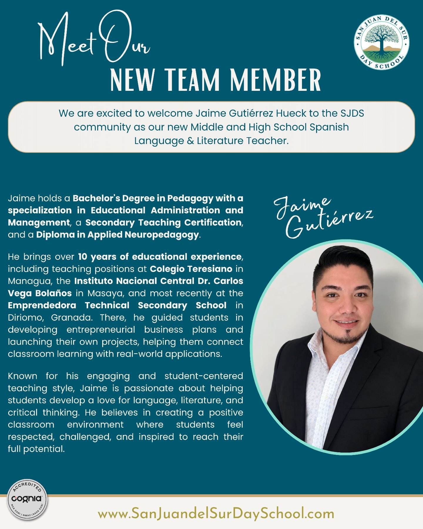 Meet Jaime Guti&eacute;rrez Hueck, our new Middle and High School Spanish Language &amp; Literature Teacher!  We&rsquo;re excited to have his experience and passion for student-centered learning joining our school community.

Please join us in giving