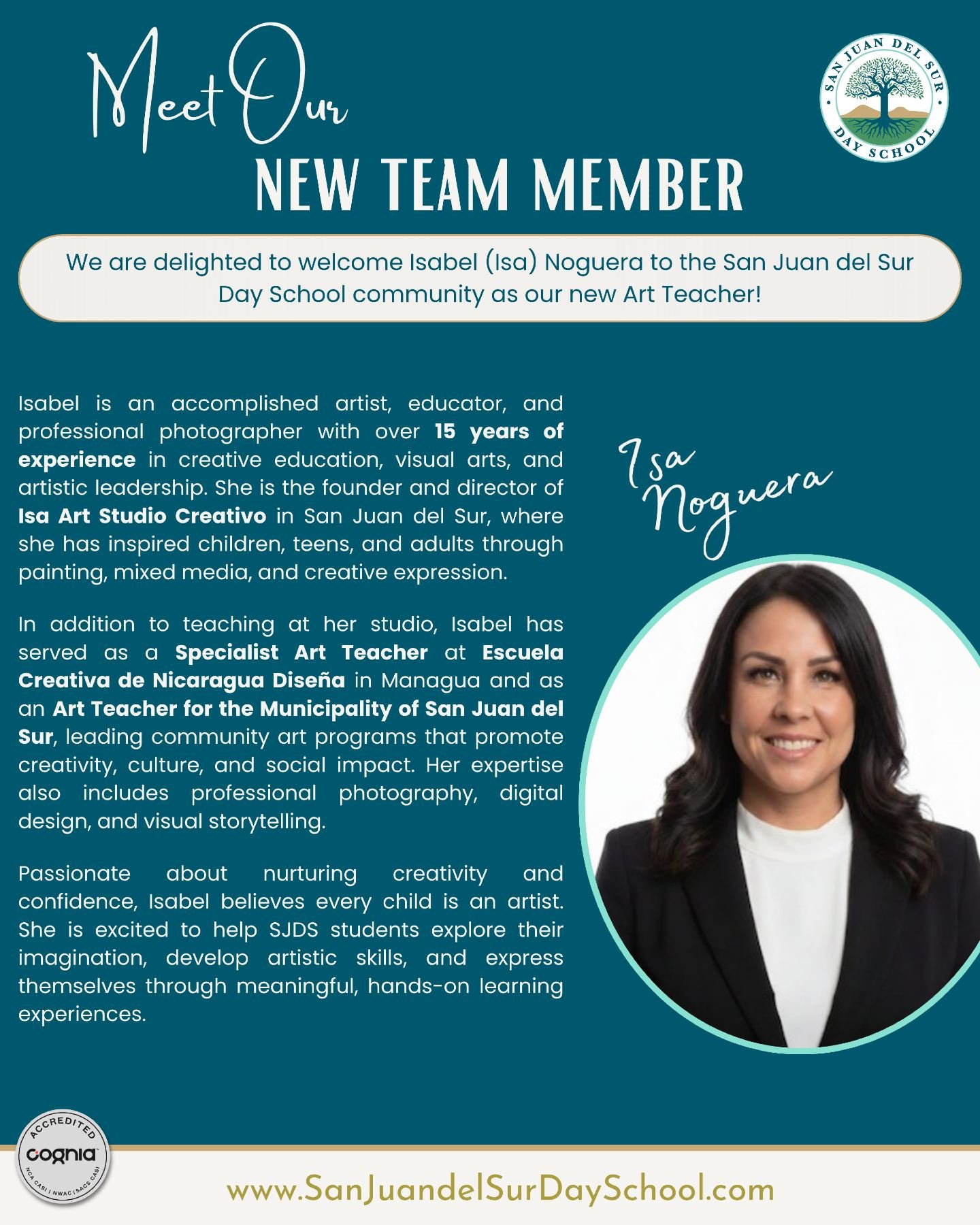 Meet Isabel Noguera, our new Art Teacher! 🖌️We&rsquo;re excited to have her creativity and experience joining our school community.

Please join us in giving Isabel a warm welcome to the SJDS family! 

#sanjuandelsur #internationalschool
