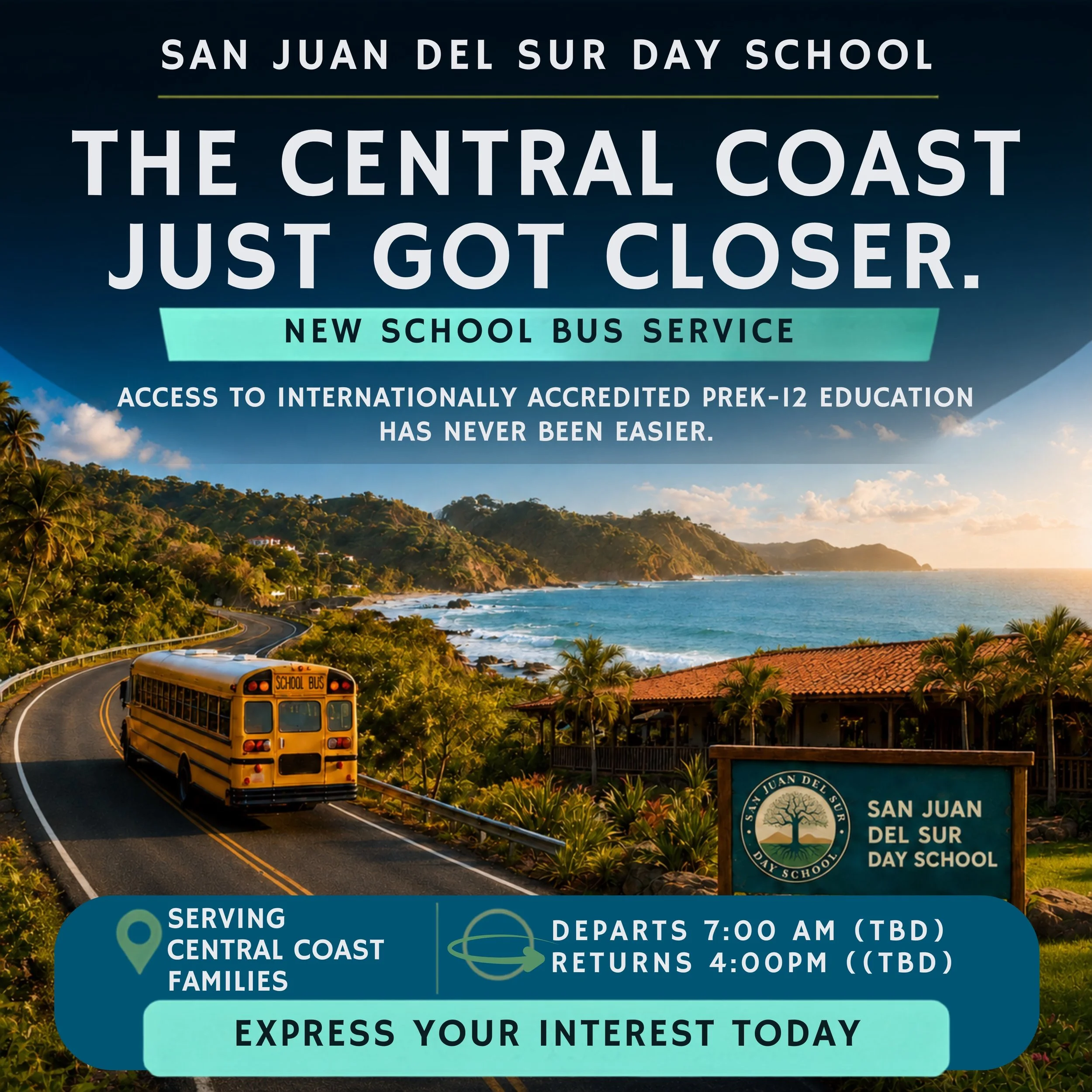 🌊 The Central Coast Just Got Closer to San Juan del Sur Day School!

Living in Rancho Santana, Hacienda Iguana, Popoyo, Lim&oacute;n, Salinas, or along the Costanera Highway?

San Juan del Sur Day School is launching a NEW Central Coast School Bus R