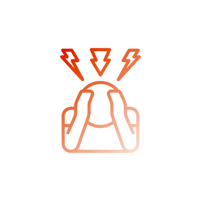 Icon of a person holding their head with stress or headache, with red lightning bolts above indicating pain or headache.