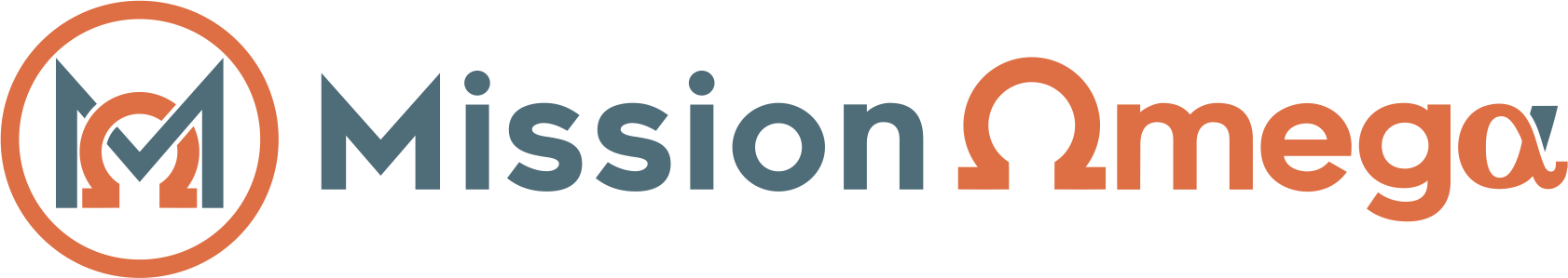 Logo with the letter 'M' and the Greek symbol for Omega inside a circle and the words "Mission Omega," with the omega symbol replacing the letter 'O' in "Omega."