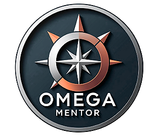 Logo with a compass design, the words 'OMEGA MENTOR' underneath, on a dark background.