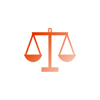 The image shows a logo with a red abstract symbol featuring scales, representing justice, with a partially visible American flag in the background.