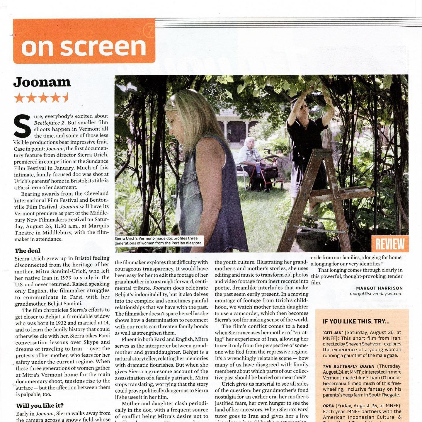 Thank you @sevendaysvt for this glowing full page spread review ⭐️⭐️⭐️⭐️ of Joonam in this week&rsquo;s print edition! Copies are out in stores now - grab yours for free to read more (or click the link in our bio for the online edition). Hope to see 
