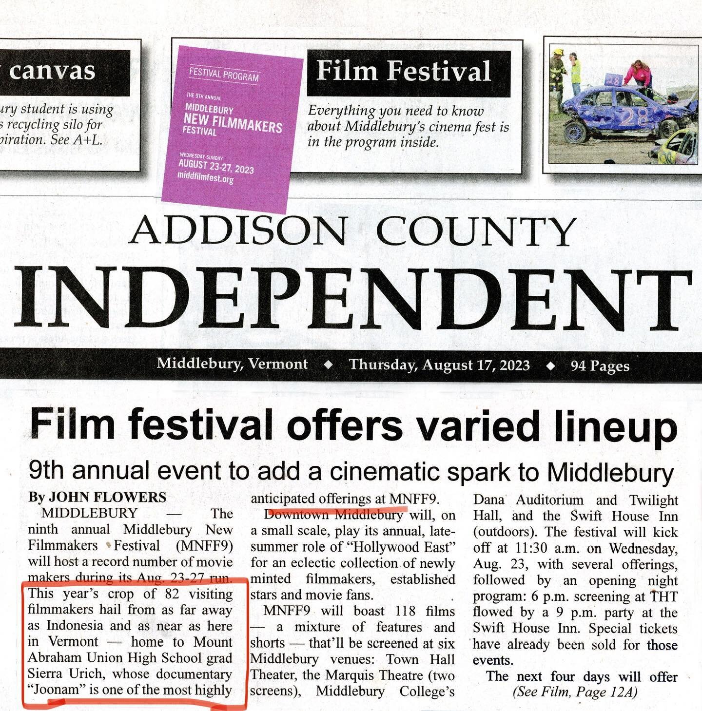 Hometown paper alert!!! 🗞️💚Vermont &mdash; see you at the Marquis Theatre in Middlebury this Saturday Aug 26th at 11:30am! Still a couple advance tickets left! 

(full article &amp; tickets at link in bio) 

@middfilmfest @addisonindependent @vtpro