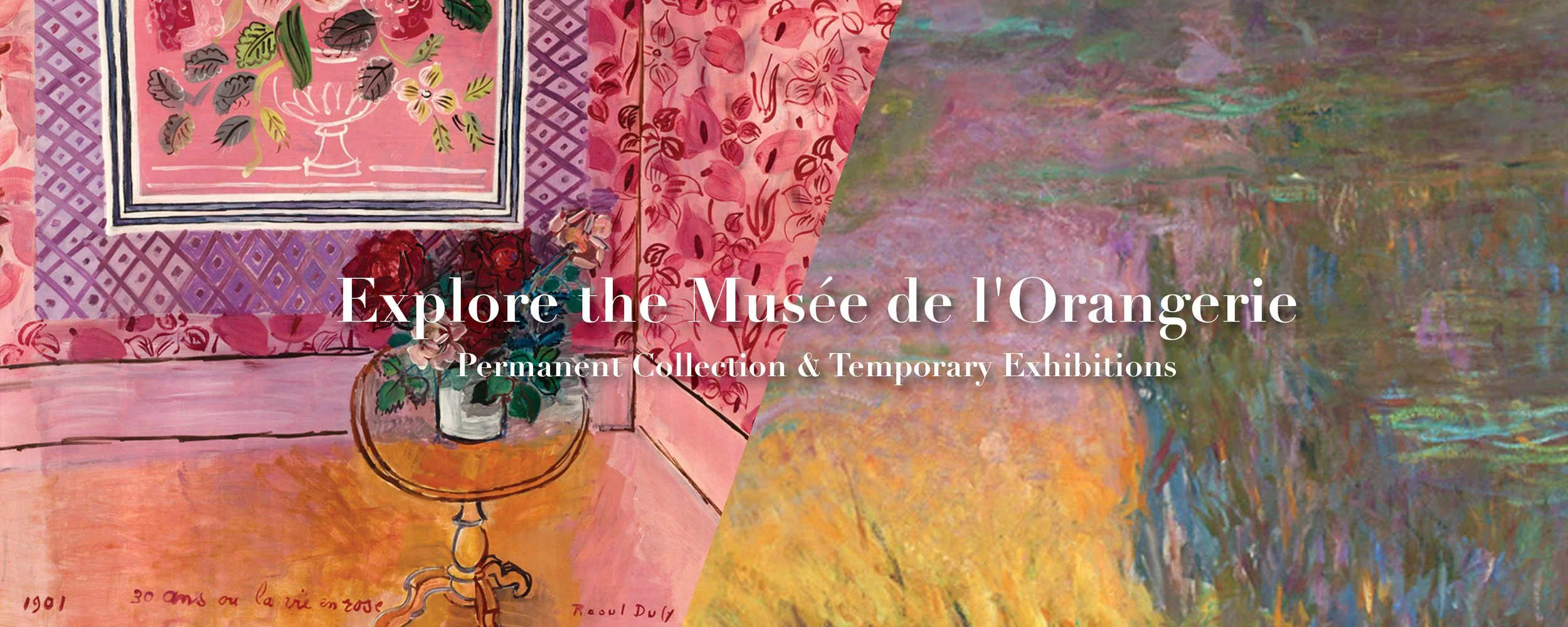 Raoul Dufy. “30 ans ou la Vie en rose,” 1931. ©CC0 Paris Musées / Musée d’Art Moderne de Paris. | Claude Monet. “Soleil Couchant,” between 1914 et 1926. Musée de l'Orangerie, dist. RMN-Grand Palais / Patrice Schmidt