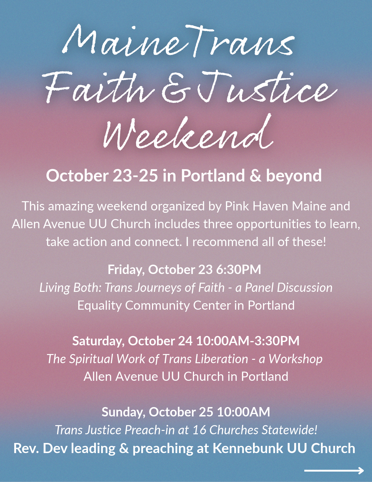 Trans Faith &amp; Justice Weekend - Panel, Workshop, 15 Church Services including Rev. Dev leading