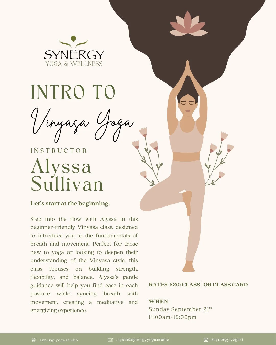 Intro to Vinyasa Yoga with Alyssa 💜 Step into your practice with confidence. Alyssa&rsquo;s Intro to Vinyasa class is beginner-friendly and designed to guide you through the fundamentals of breath and movement. Build strength, flexibility, and balan