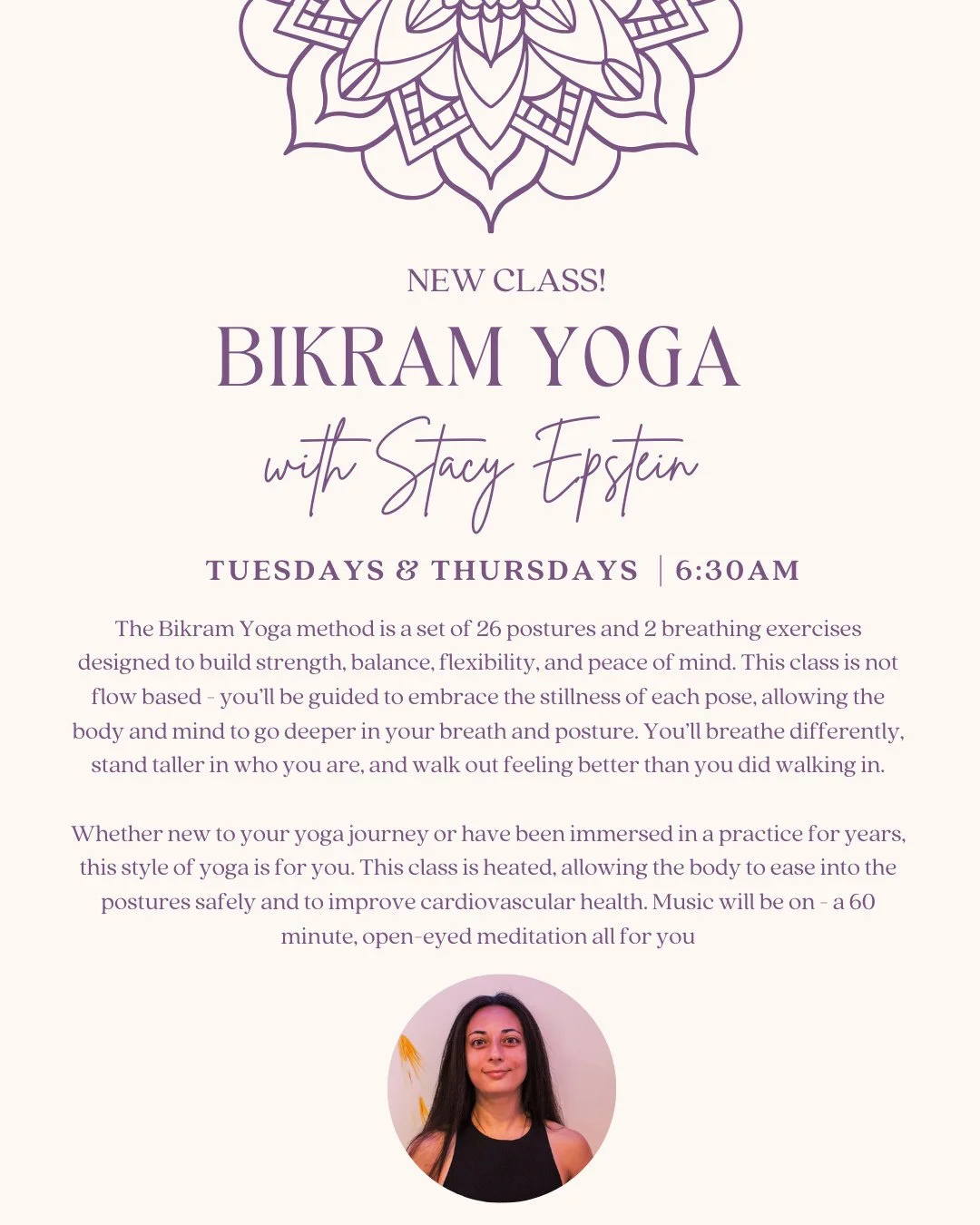 Bikram Yoga with Stacy 🔥 A new way to move this fall. Stacy&rsquo;s Bikram Yoga class will take you through 26 postures and 2 breathing exercises in a heated room, helping you build strength, flexibility, and balance. This moving meditation is for a