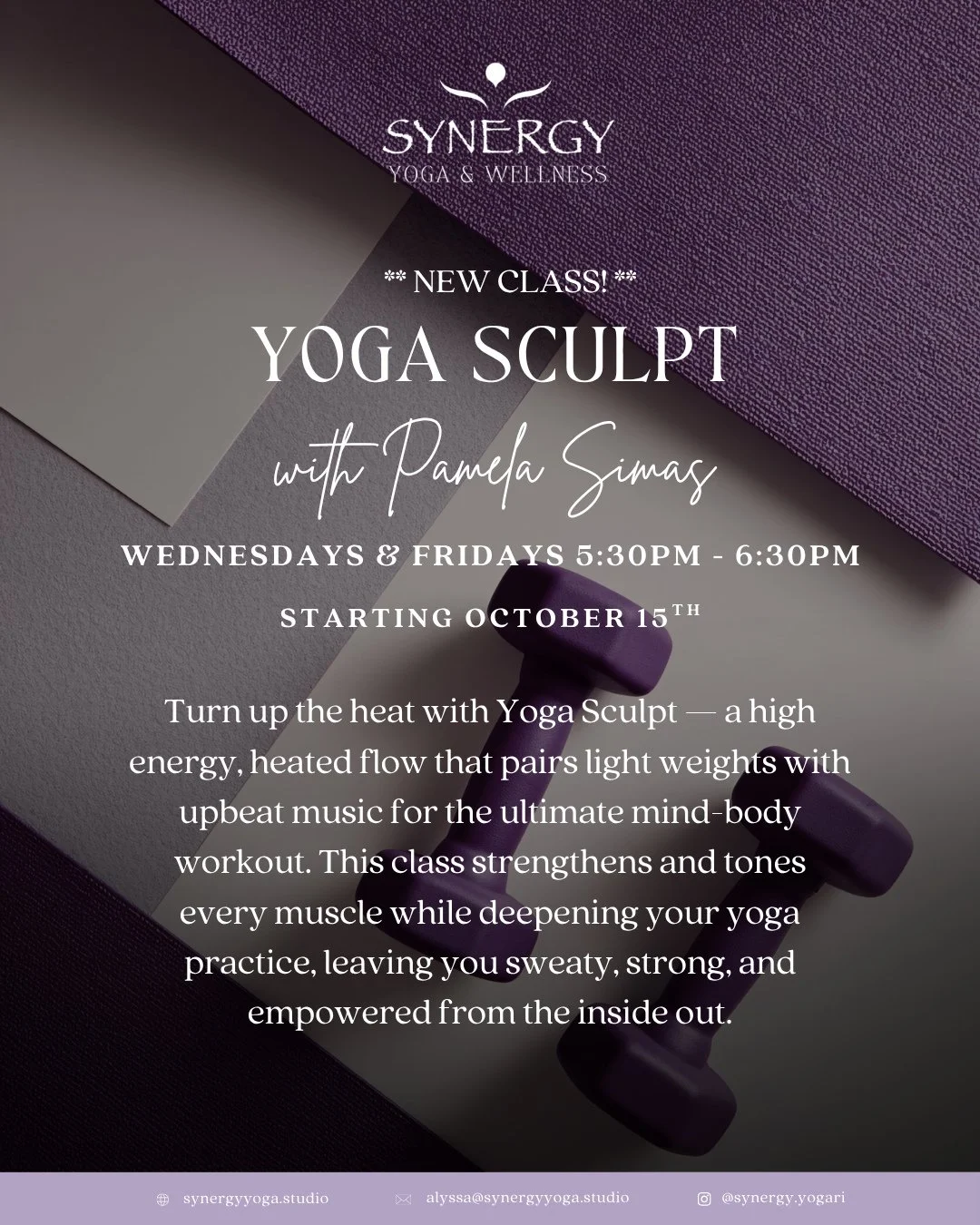 Turn up the heat, then wind it all down.⁠
⁠
🔥 Yoga Sculpt with Pamela Simas starts today!⁠
Join us Wednesdays &amp; Fridays from 5:30&ndash;6:30PM for a high-energy, heated flow that pairs light weights with upbeat music. This new class strengthens 