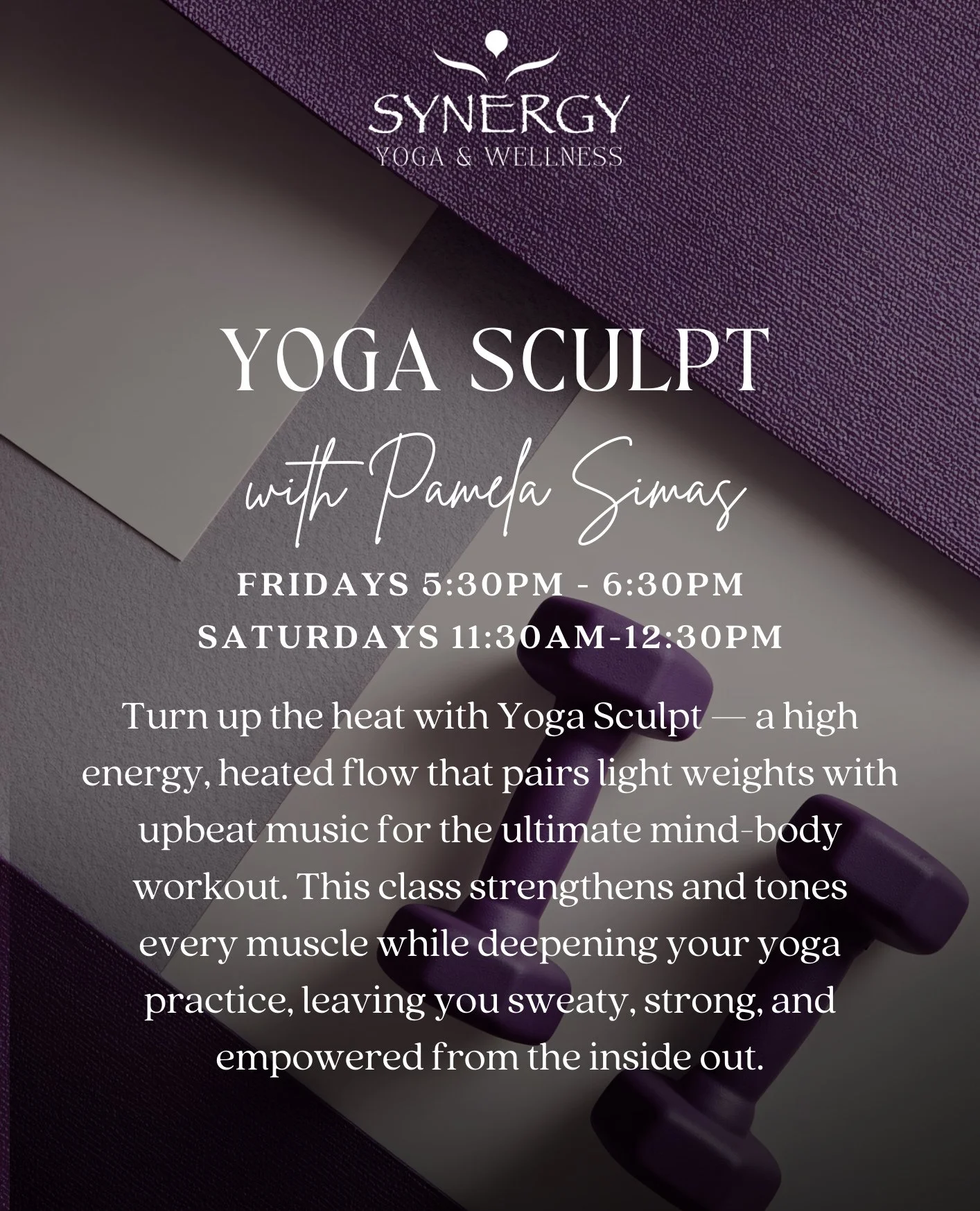 Turn up the heat and move with intention.⁠
Yoga Sculpt with Pamela Simas blends strength, cardio, and mindful flow for a full-body workout that leaves you feeling strong, steady, and energized.⁠
⁠
Fridays | 5:30&ndash;6:30pm⁠
Saturdays | 11:30am&ndas