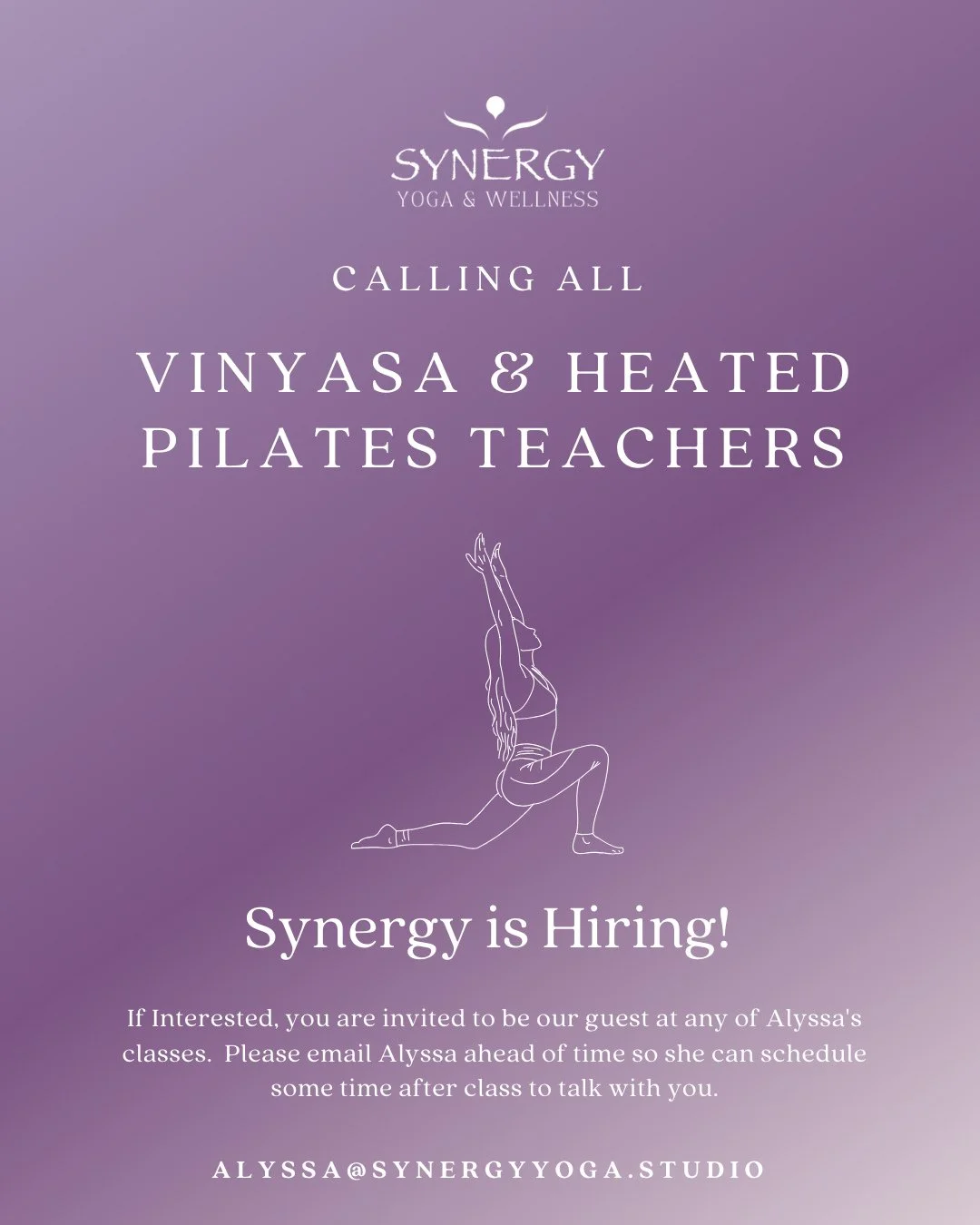 Synergy Is Welcoming New Teachers 🤍⁠
⁠
Synergy is a heart centered studio  that has been holding sacred space for over 20 years. Our studio is more than a business. It is a sanctuary where countless people have found a place to nourish their bodies,