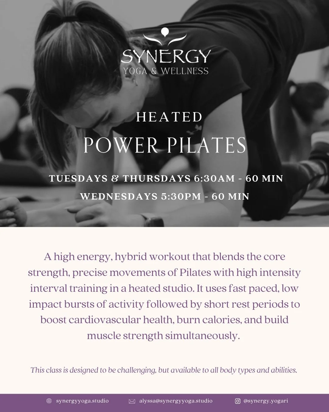 Heat, strength, and a whole lot of energy.⁠
⁠
Join us for Heated Power Pilates, a high-energy, low-impact class designed to build core strength, endurance, and full-body power.⁠
⁠
Tuesdays &amp; Thursdays at 6:30AM⁠
Wednesdays at 5:30PM⁠
⁠
Book your 