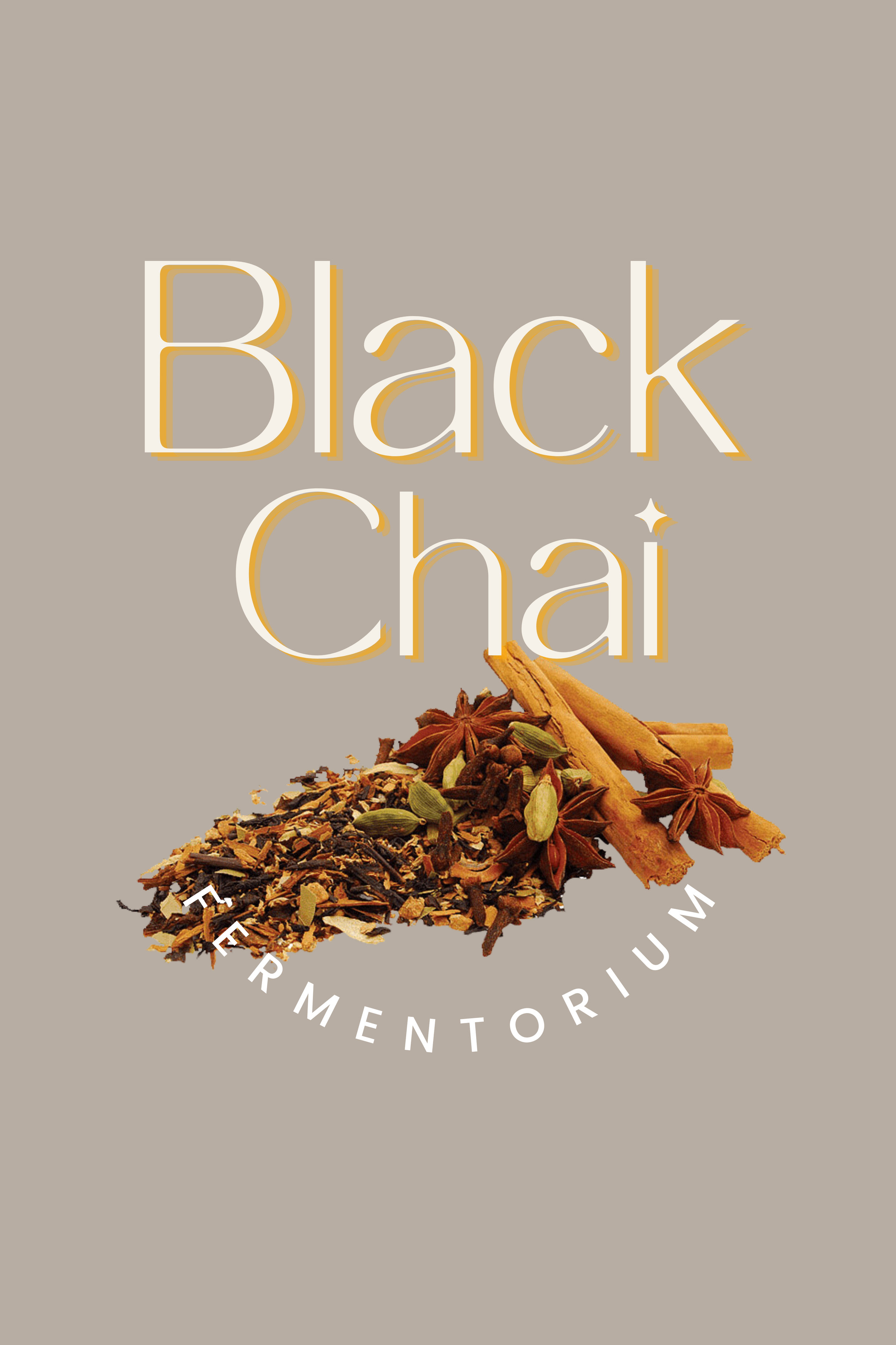 Package label for Black Chai tea with an image of loose tea leaves, cinnamon sticks, and star anise on a beige background.