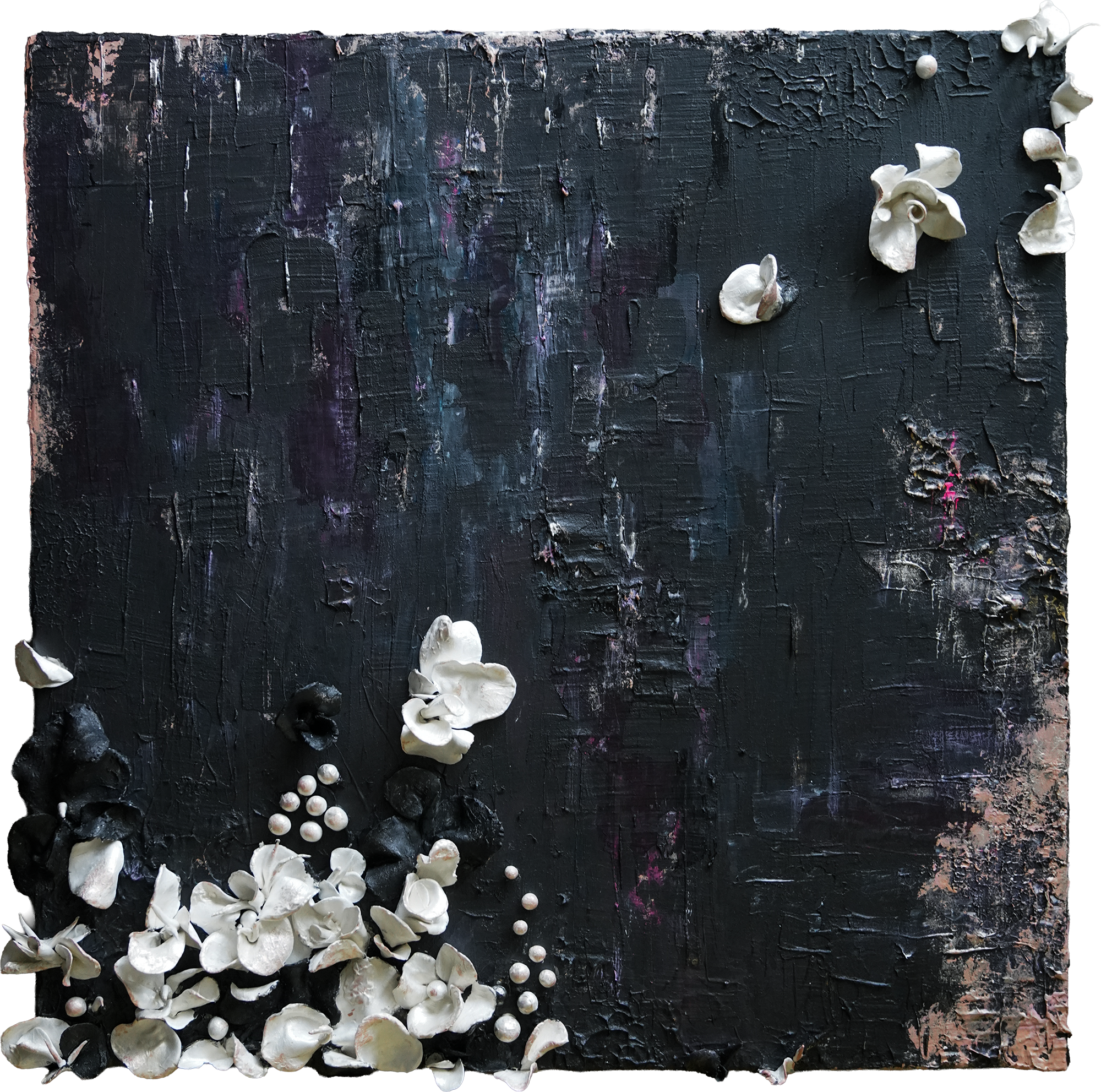 And Still, We Bloom is an original mixed media artwork by Marlen Langhauser, combining layered acrylic textures with hand-sculpted floral elements.