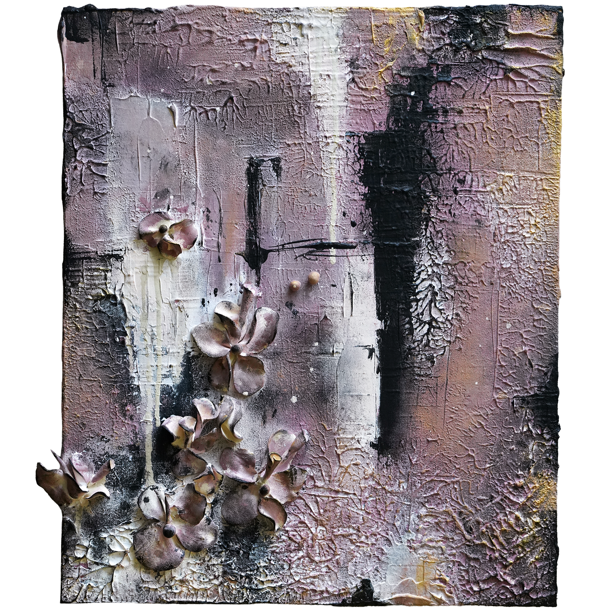 Between The Cracks by Lou Vicious: original abstract mixed media artwork with sculpted blossoms and pearls, 60 × 53 × 7 cm. Insured shipping or free collection in Stuttgart.