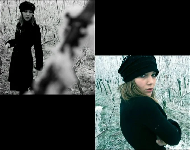 Outdoor self-portrait in winter forest, muted colors, solitary figure in nature