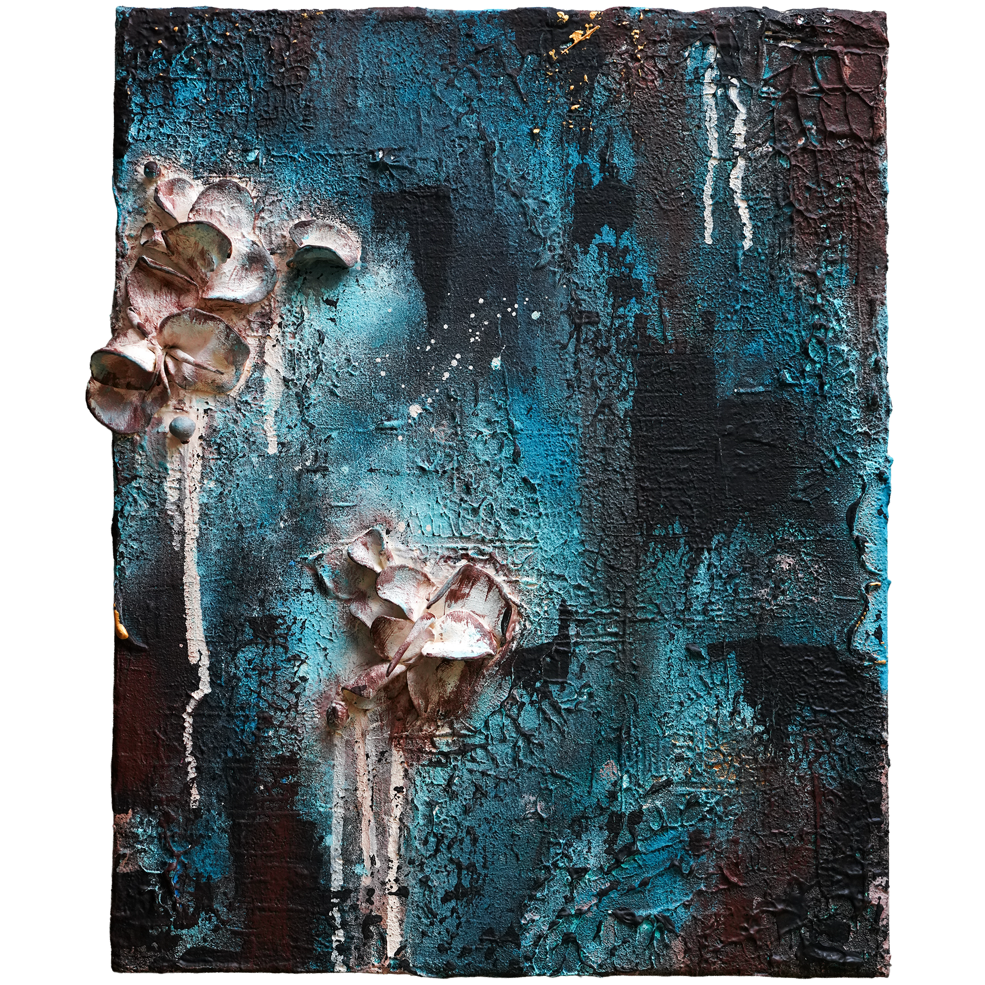 Abstract mixed-media painting in turquoise, black and rust with sculptural cream blossoms on the left edge and in the lower centre