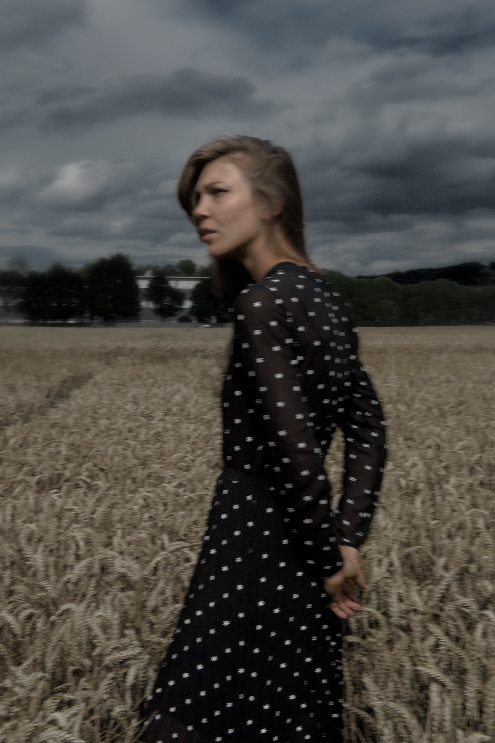 Cinematic portrait of Lou Vicious walking through a wheat field under a dramatic sky, photographed during a collaboration