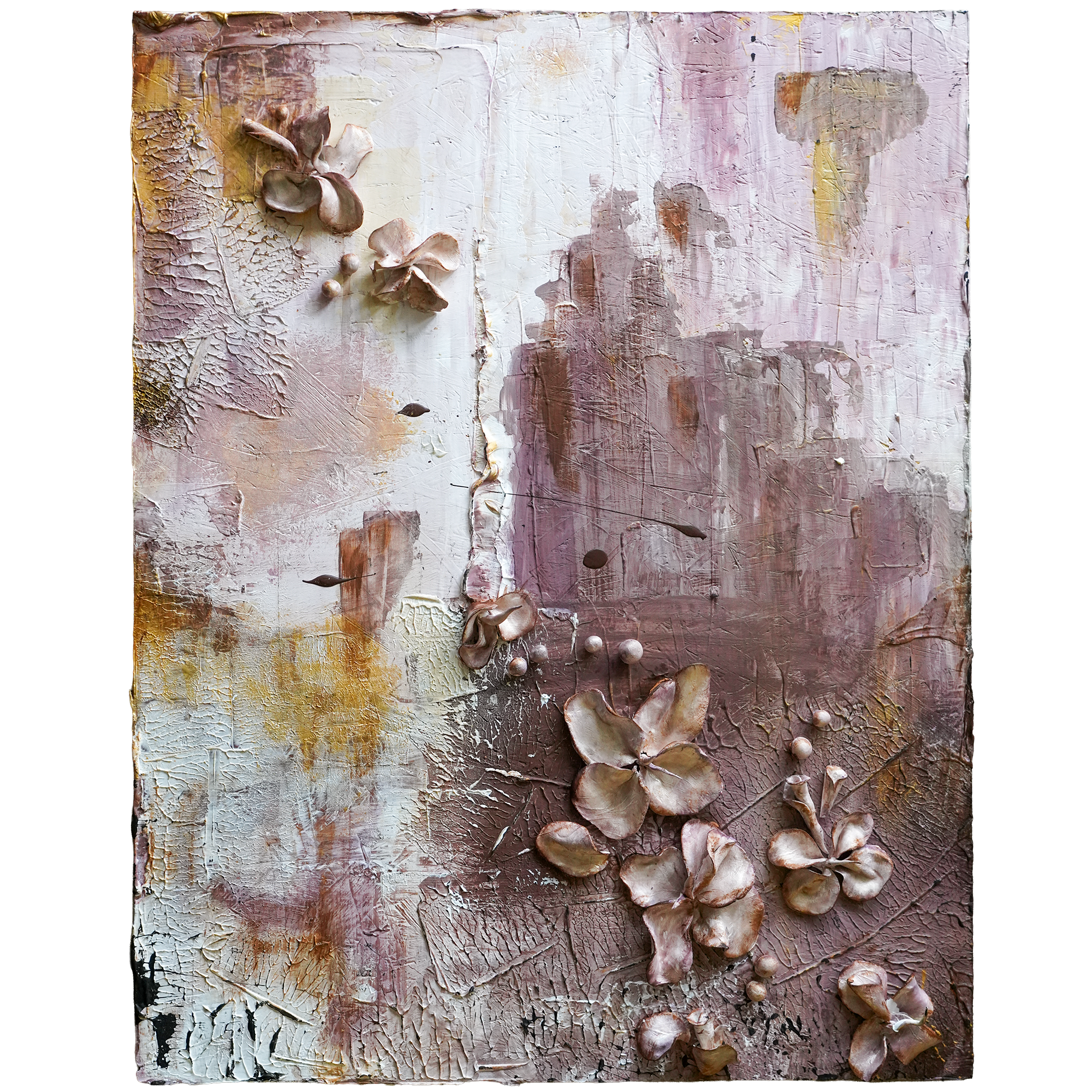 Softly, Anyway by Lou Vicious: original abstract mixed media artwork in rose and cream with sculpted blossoms and pearls, 71 × 56 × 7 cm. Insured shipping or free collection in Stuttgart.