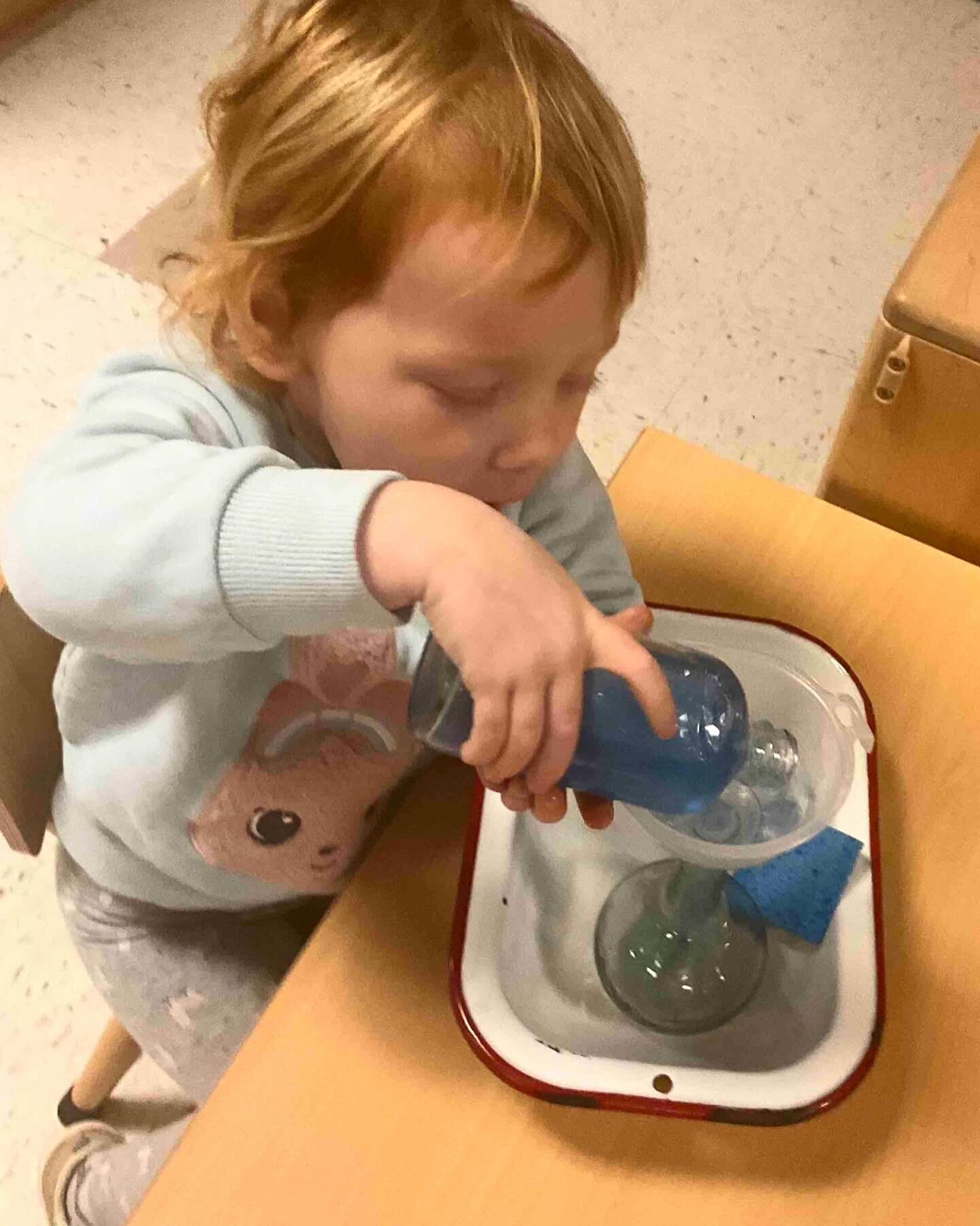 This child (#1) in the first picture, one of our youngest students, and the child in the second picture (#2) , one of our oldest students successfully engaged in the same work. With the use of the funnel, the child (#1) can pour the liquid into a con