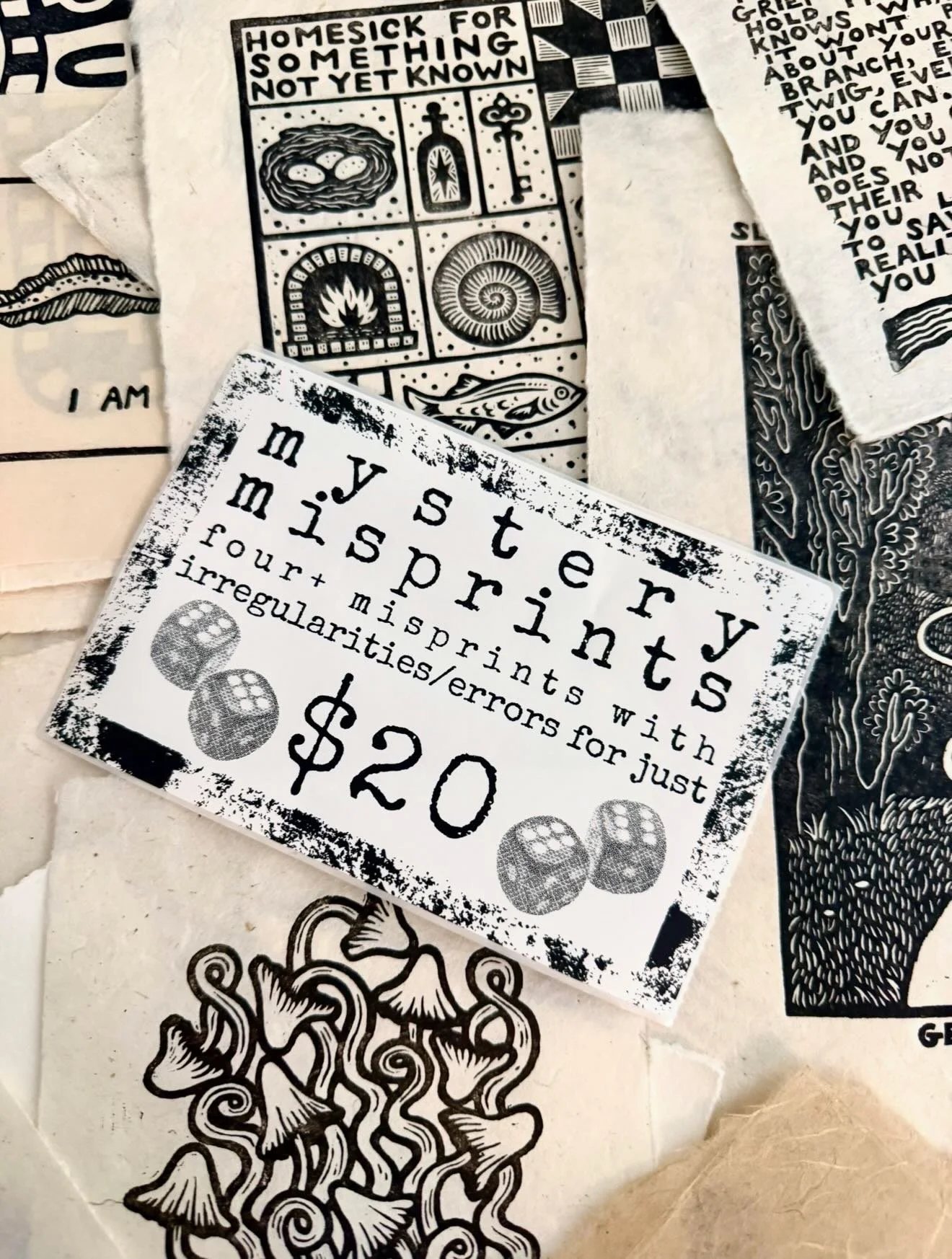 Spent the morning gathering some less-than-perfect prints into mystery packs. 🔎

I end up with a lot of misprints that aren&rsquo;t, in my opinion, quite up-to-snuff for selling on their own. I make these mystery misprint packs a couple times a year