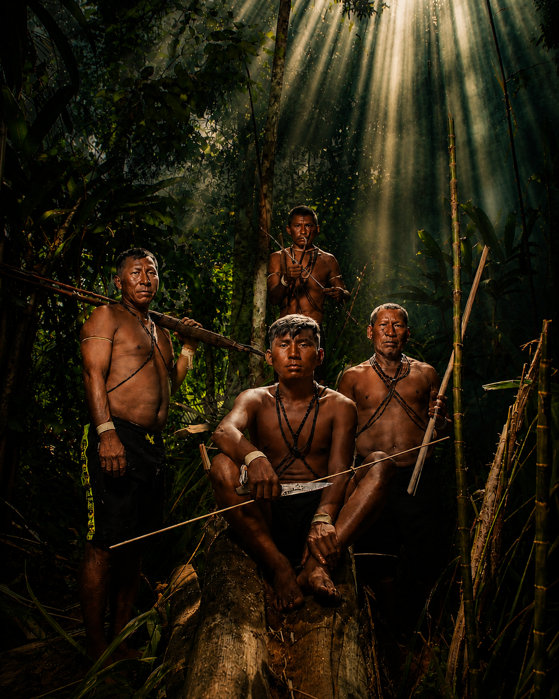 Descripción de cinco hombres indígenas en la selva, con luz solar filtrándose a través de las hojas, algunos con armas tradicionales, en una postura de respeto o autoridad.