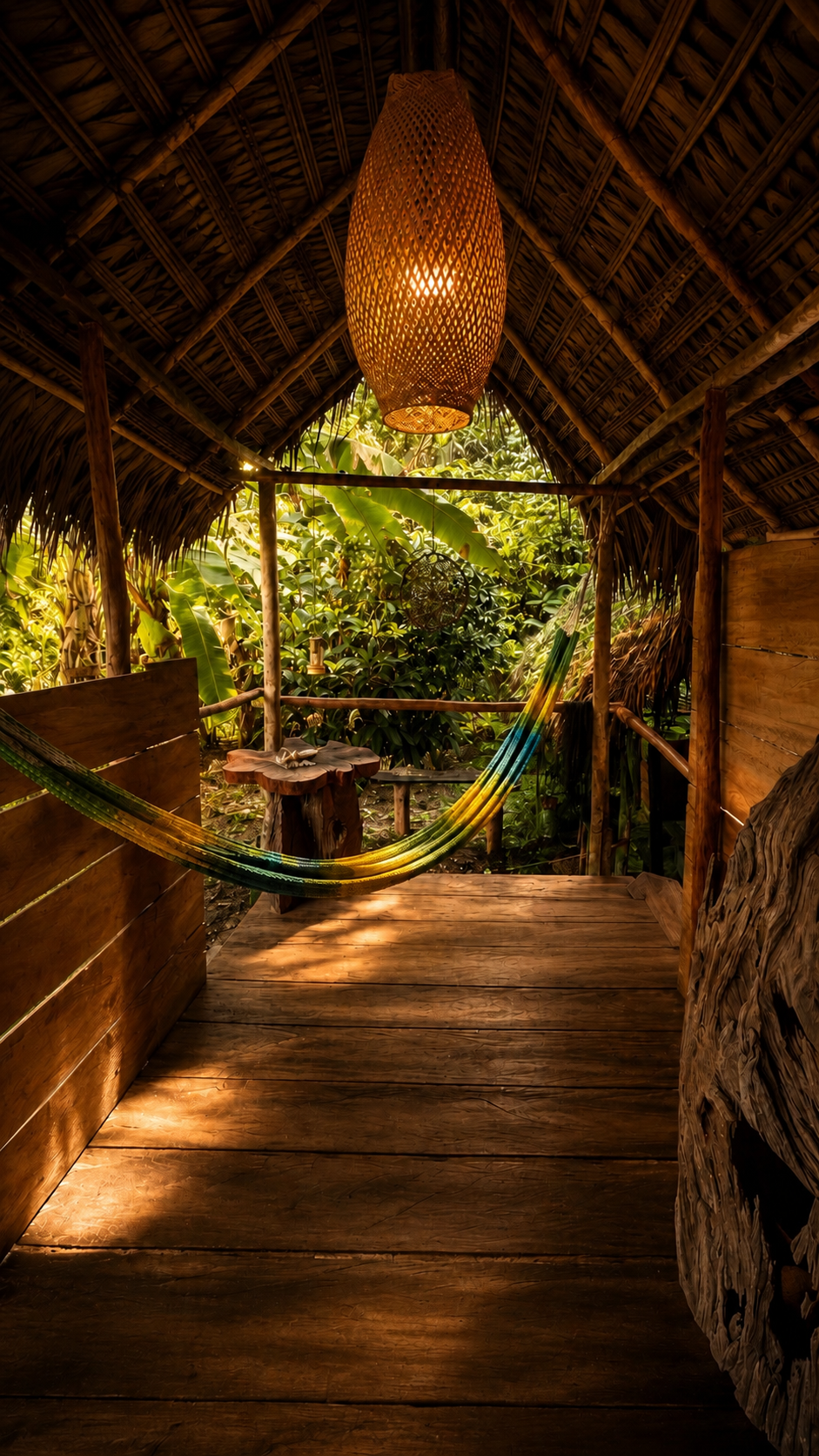 Una cabaña de madera con techo de palma y decoración rústica, con hamaca de colores, lámpara de mimbre colgante y paisaje de vegetación tropical en el fondo.