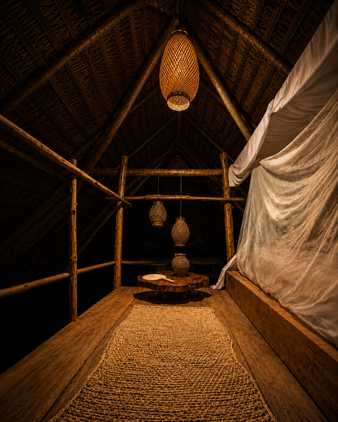 Interior de una cabaña de madera con techo de paja, lámparas de mimbre colgantes y cortinas de tela ligera.
