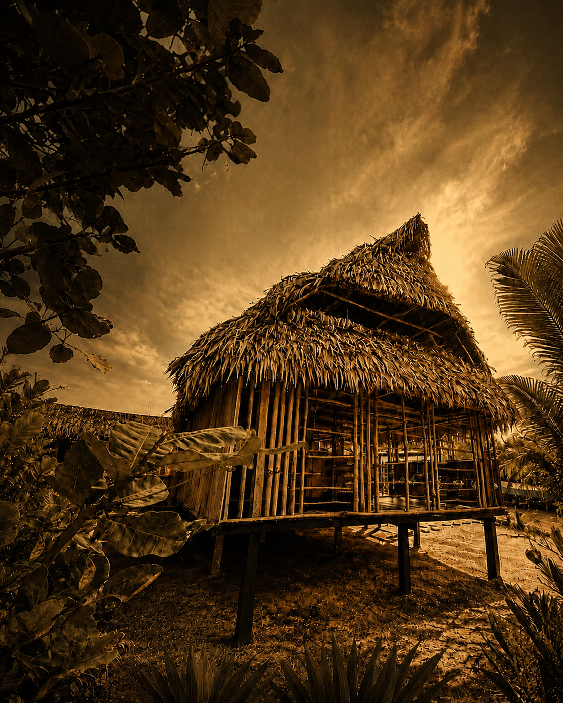 Casa de madera y palma en medio de vegetación tropical con cielo nublado al atardecer.