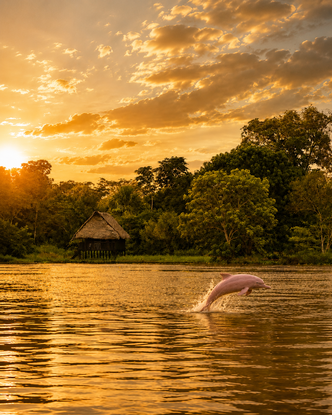 Atardecer en un río con delfín saltando, vegetación tropical y una cabaña de madera con techo de paja en el fondo, en un paisaje sereno y cálido.
