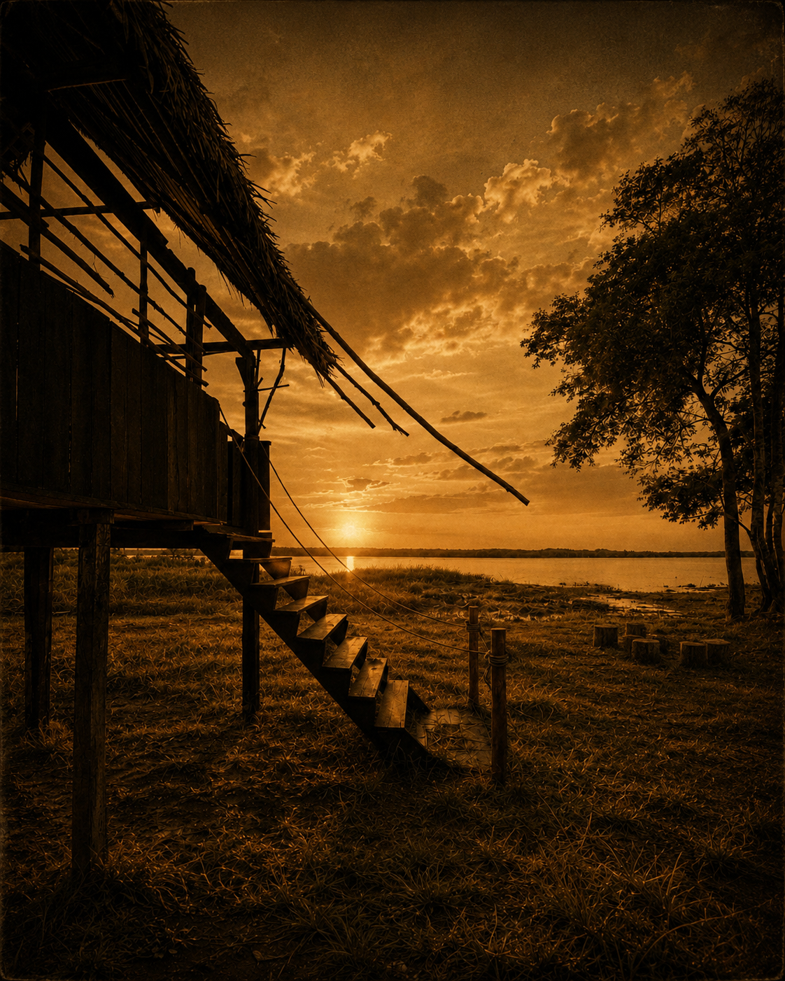 Una cabaña de madera con un techo de paja, junto a un río al atardecer, con un árbol y nubes en el cielo. La escena tiene un tono dorado cálido.