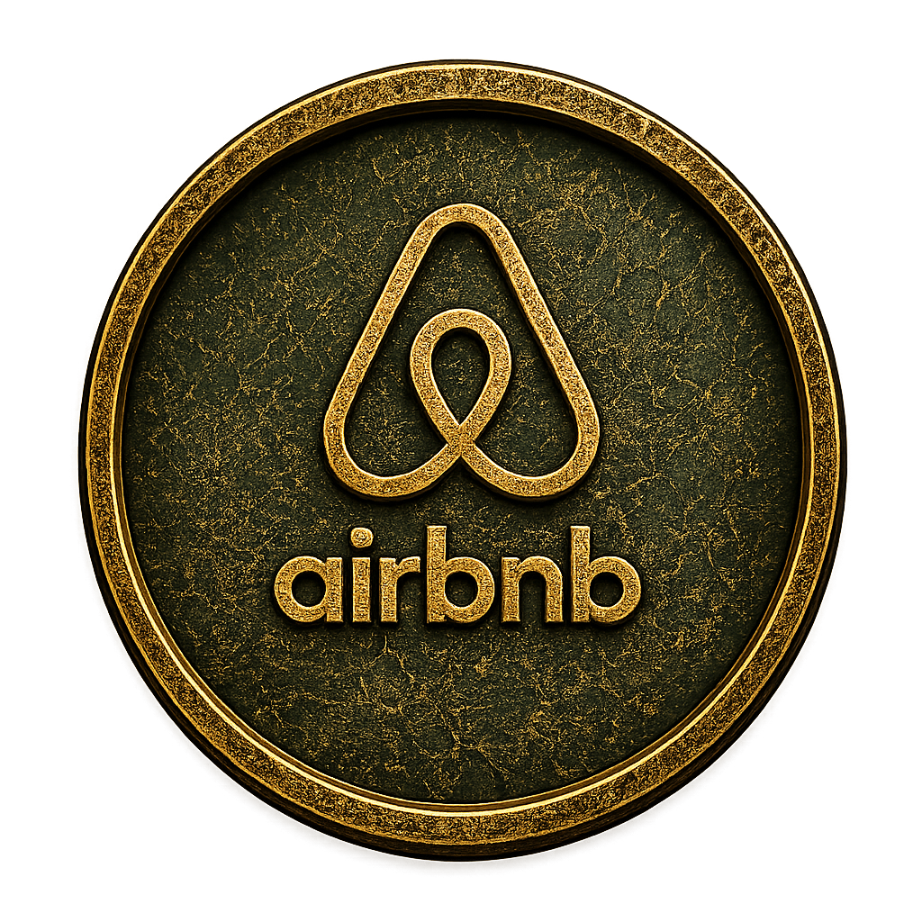 Moneda con logo de Airbnb en dorado sobre fondo oscuro.