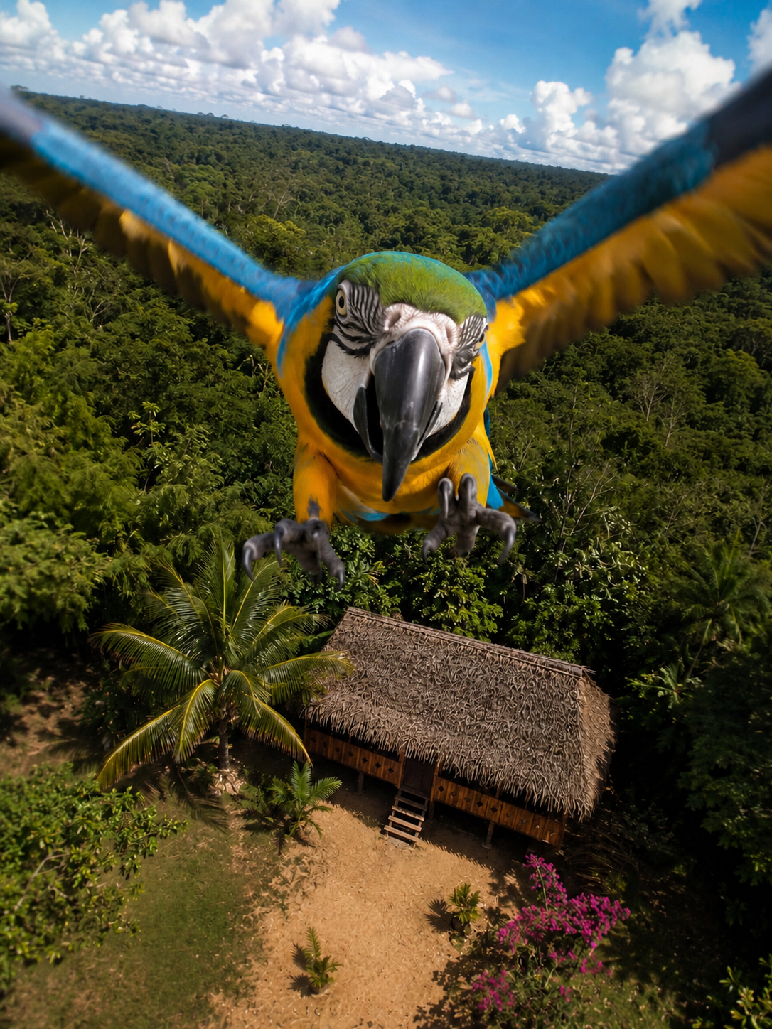 Un guacamayo en vuelo con una selva y una estructura de cabaña de techo de paja en el suelo.