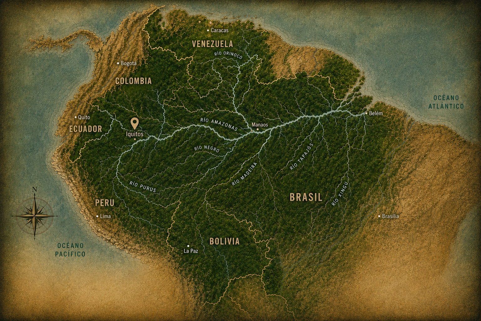Mapa físico de Sudamérica mostrando la geografía de Brasil, con ríos como el Amazonas, Napo, Madeira, Tapajós, Xingu, Negro, Purus, y otros; países como Colombia, Venezuela, Ecuador, Perú, Bolivia, y la capital Brasilia marcada en Brasil; océanos Atlántico y Pacífico señalados, y la ciudad de Iquitos en Perú con un marcador.