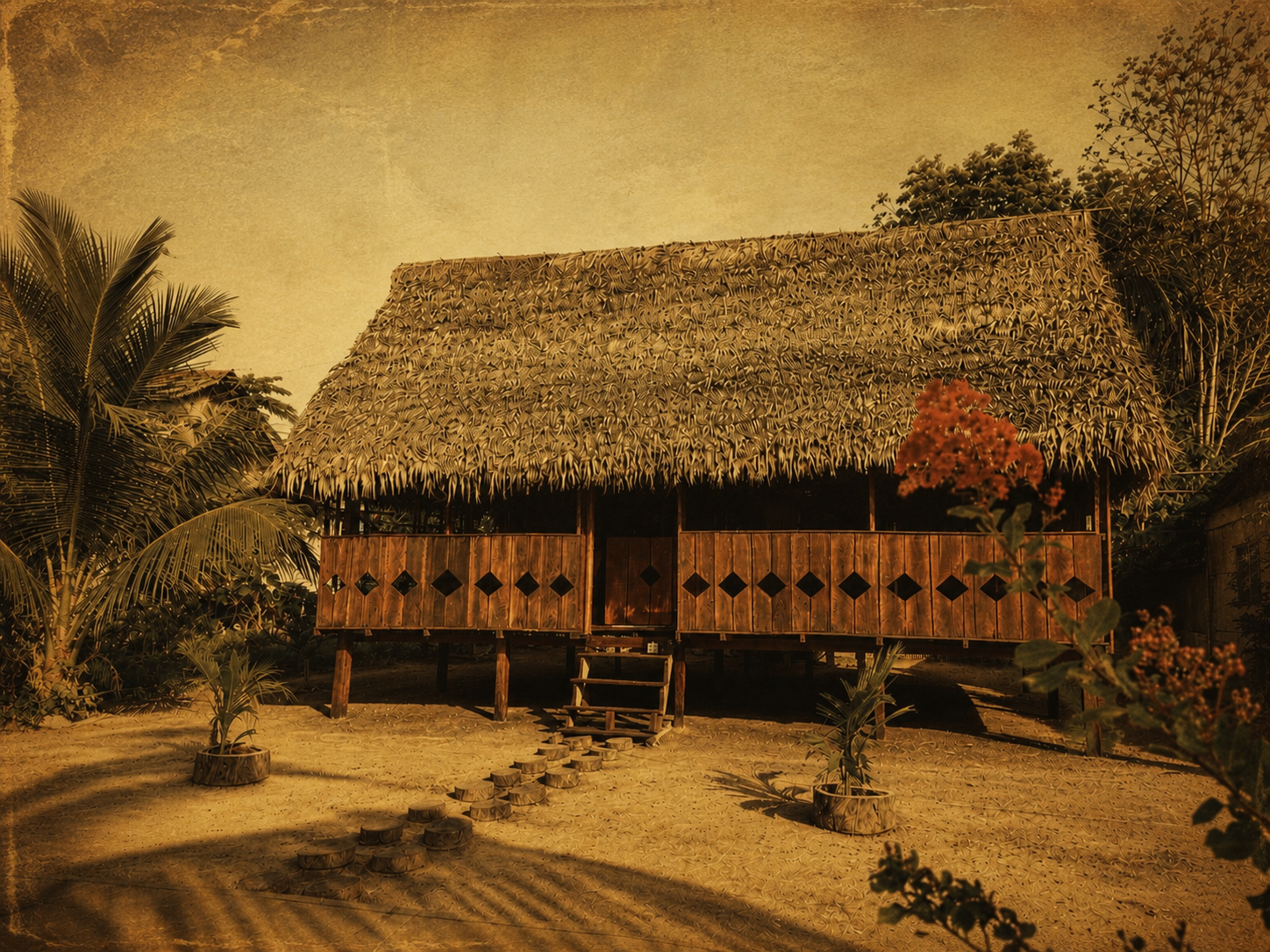Una casa de madera con techumbre de hojas de palma, rodeada de plantas tropicales y flores, en un entorno natural con sombra y un camino de madera en primer plano.