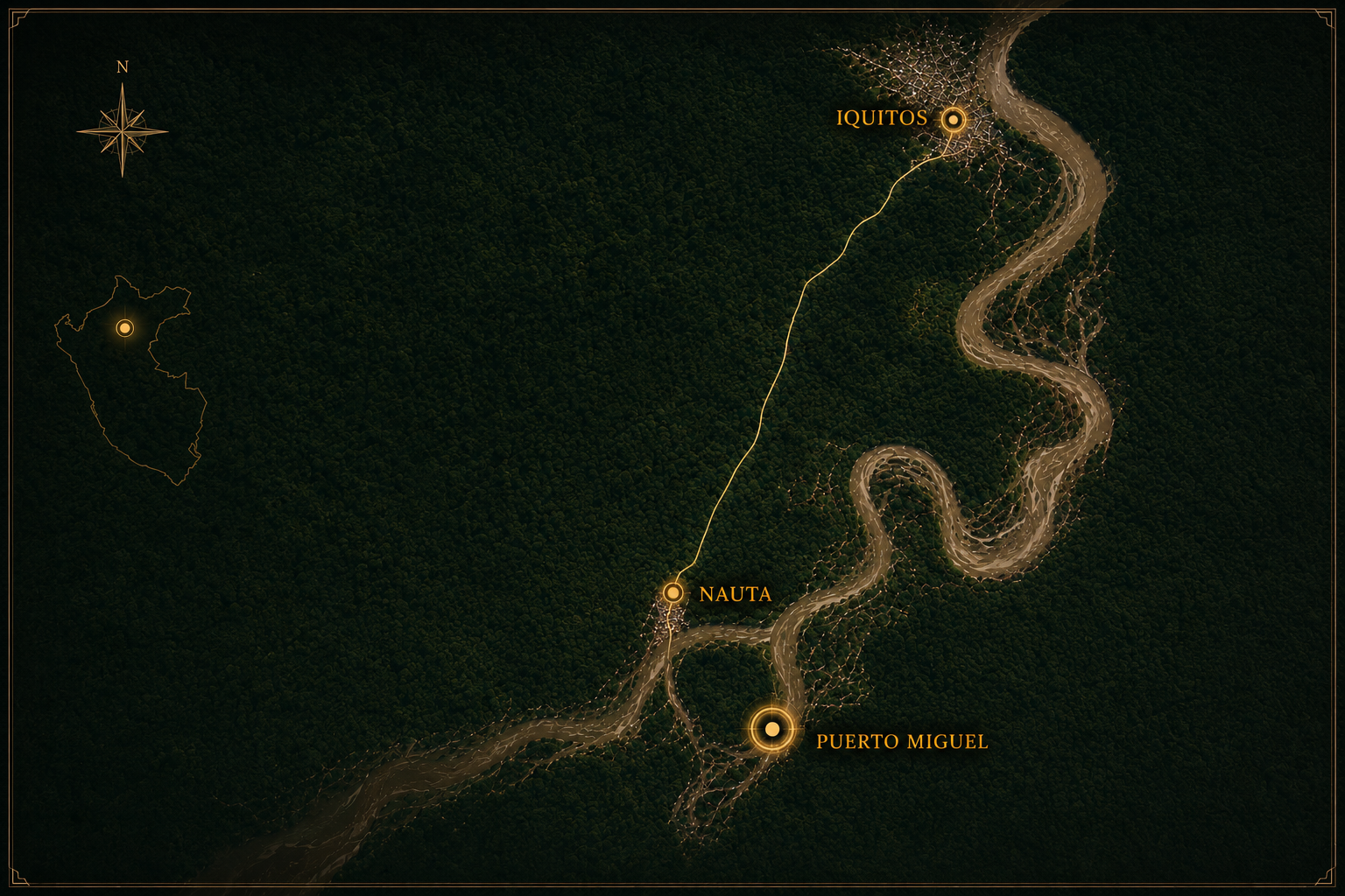 Mapa de terreno terrestre con un río que serpentea, marcando tres localidades: Puerto Miguel, Nauta y Iquitos, con líneas que conectan Puerto Miguel con Nauta y Nauta con Iquitos. Un compás en la esquina superior izquierda indica la orientación norte.