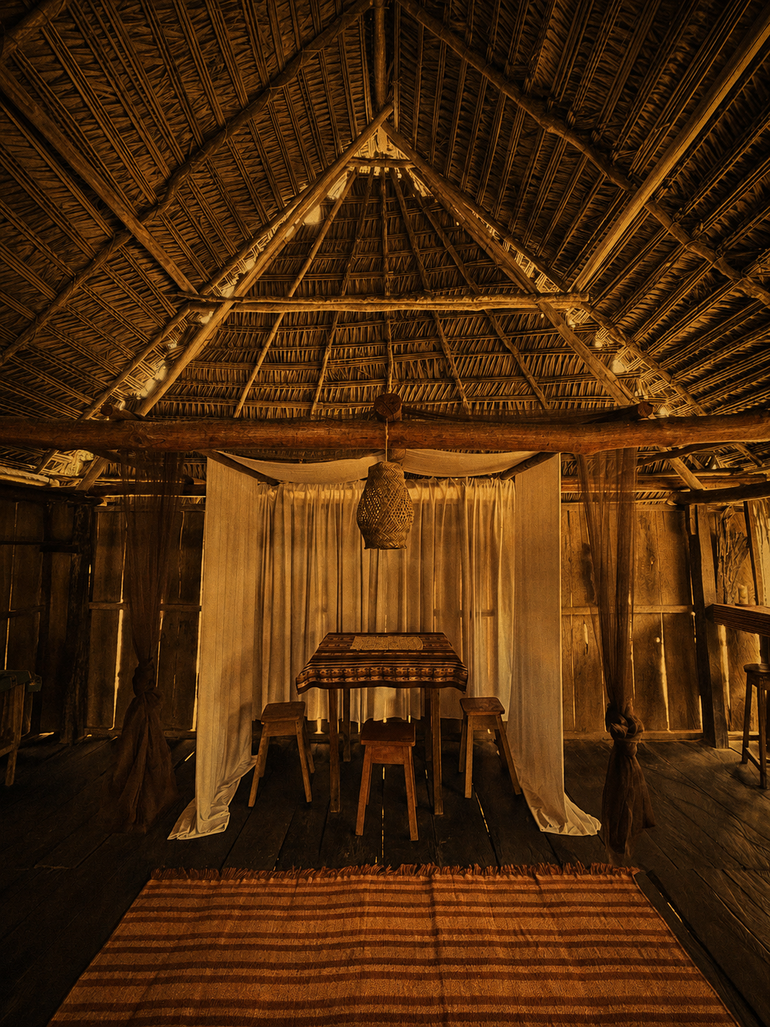 Interior de una estructura de techo de paja y madera, con una mesa y sillas de madera en el centro, cortinas claras y un tapiz en el suelo.