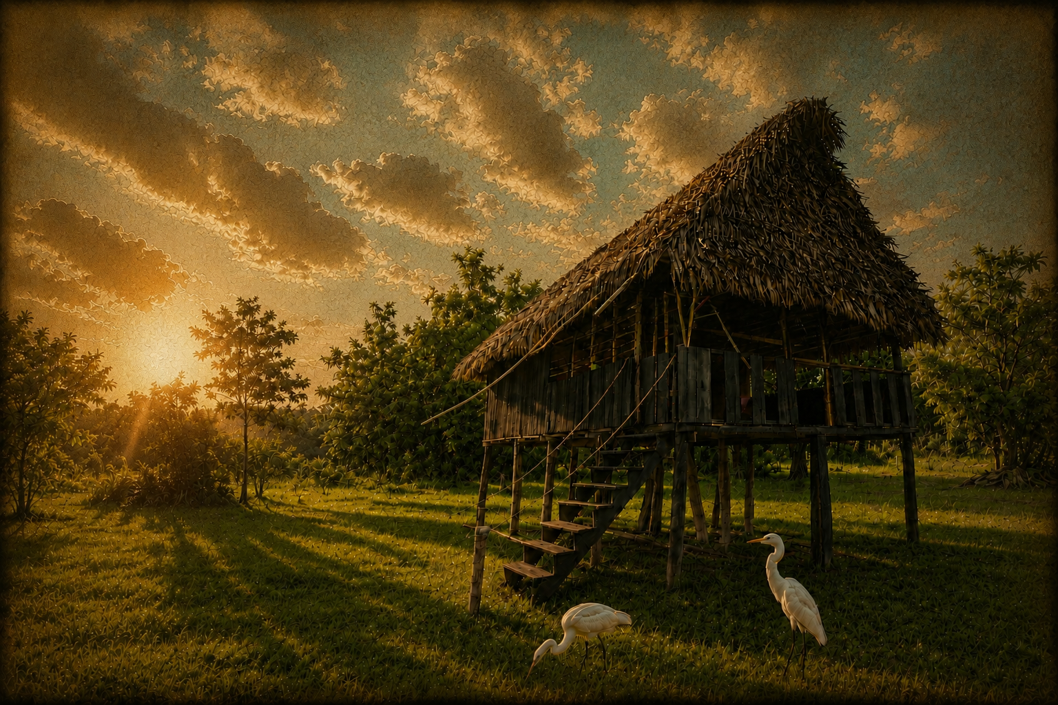 Chozas de madera con techo de hojas de palma, en un campo con árboles y dos aves blancas en primer plano, con un cielo nublado durante el atardecer.
