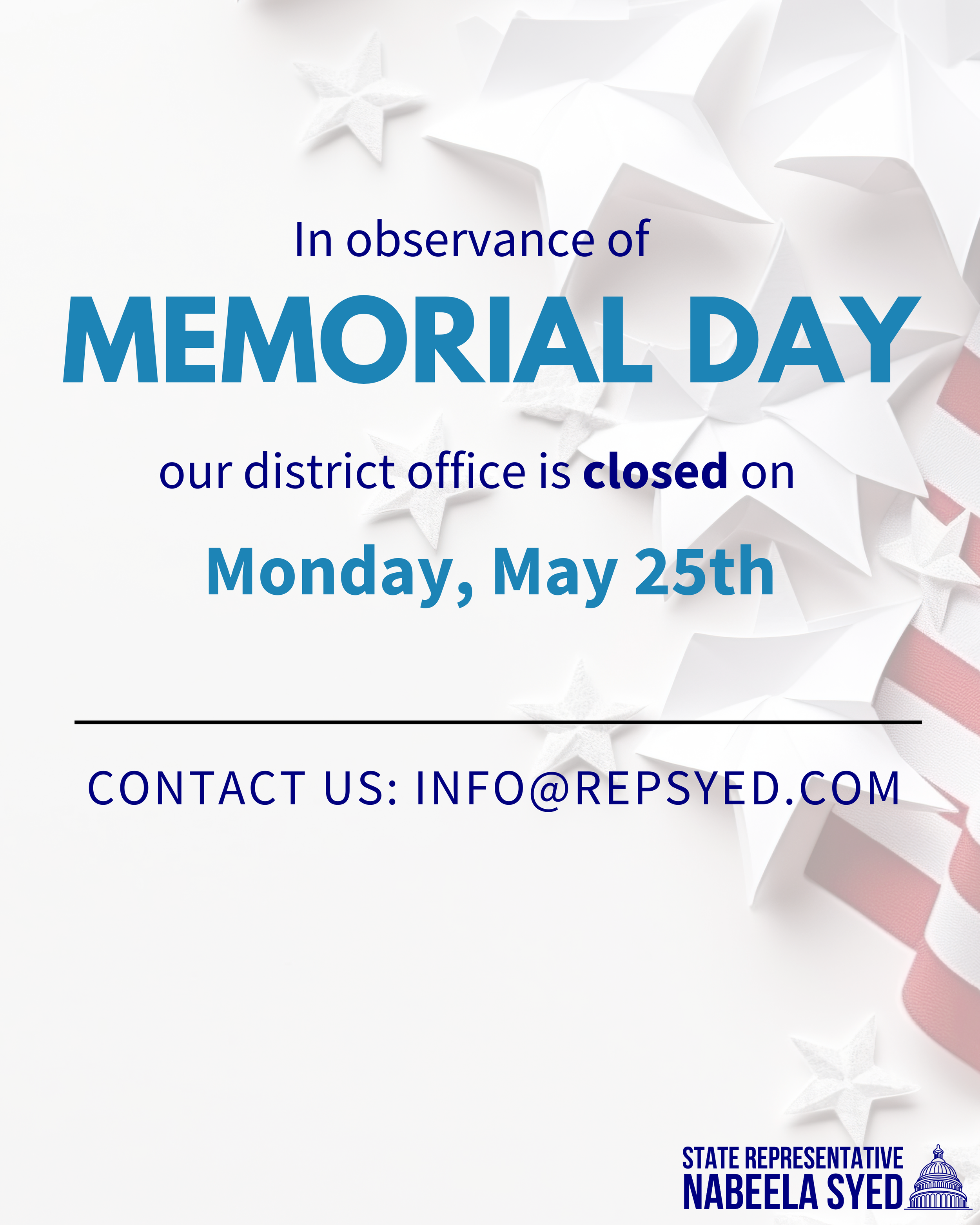 Closed for Memorial Day