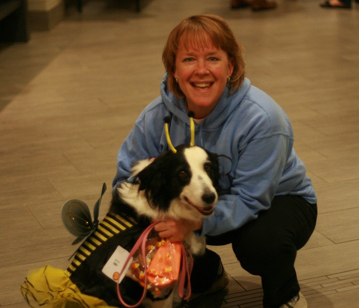 Woman kneeling down and hugging border collie.